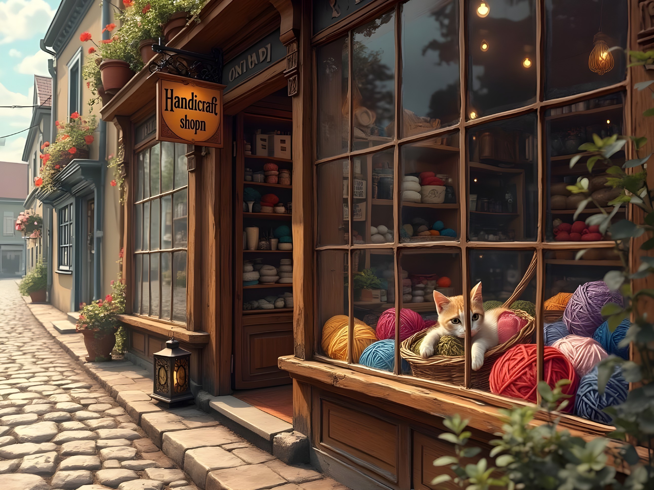 Handicraft Shop with Colorful Yarns and Cat
