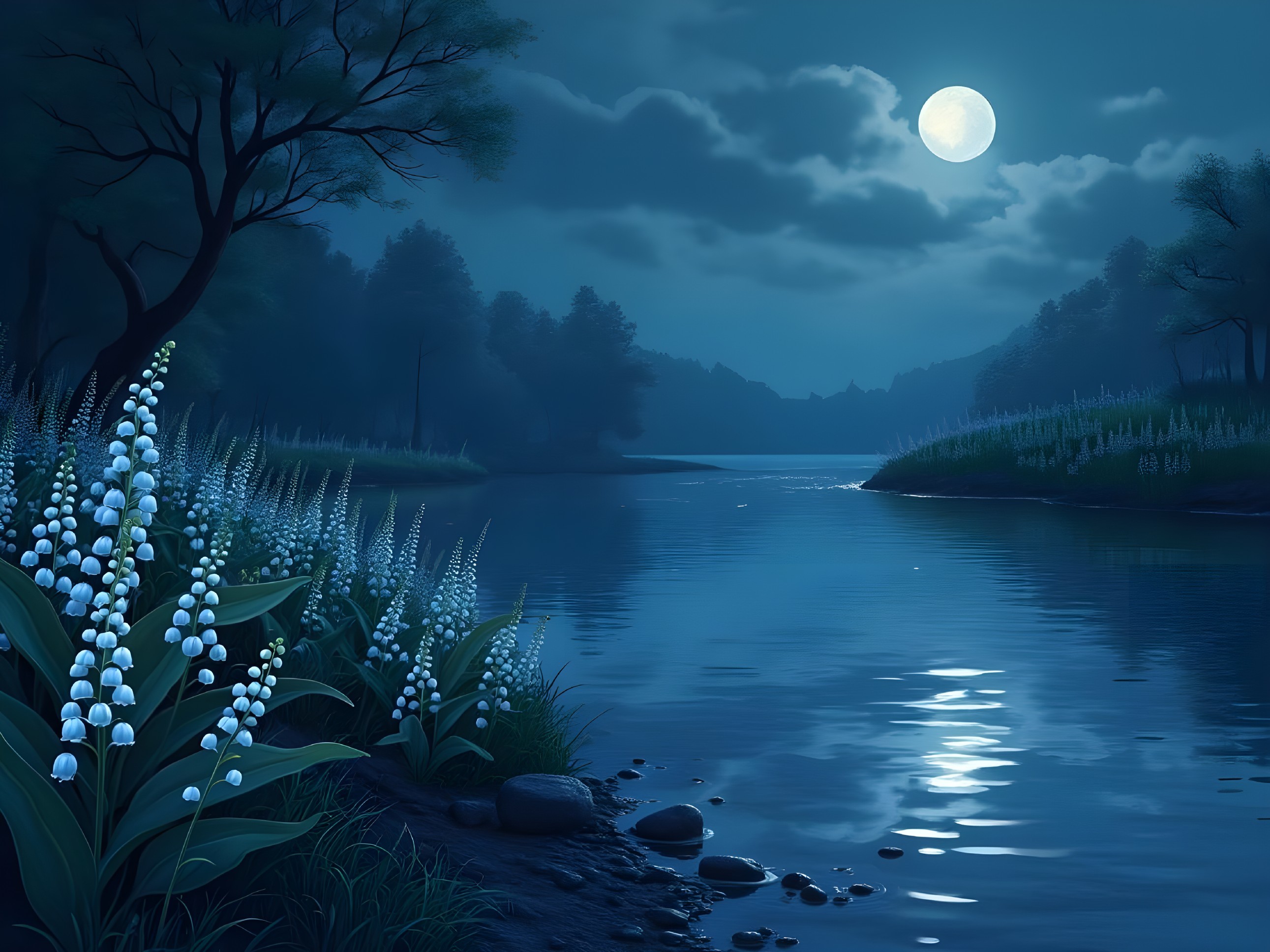 Serene Night Scene with Moonlit River and Lilies