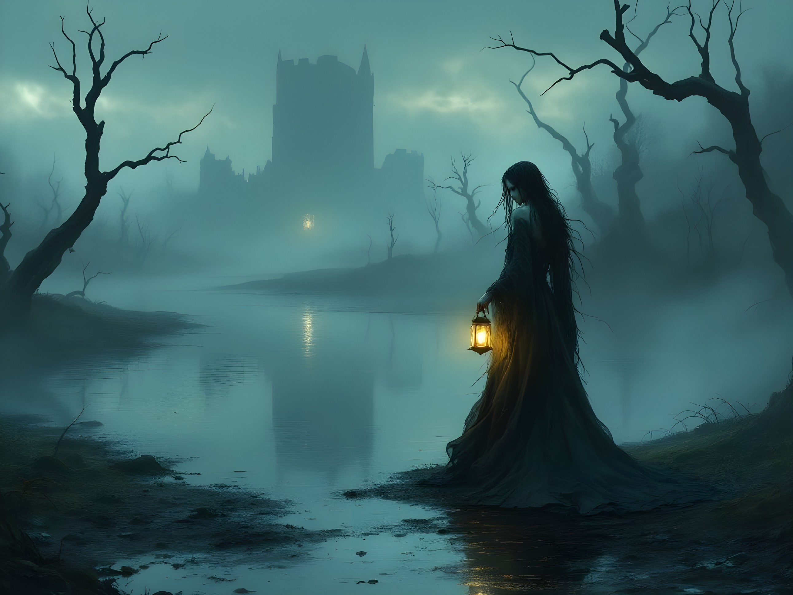 Misty Landscape with Woman and Shadowy Castle