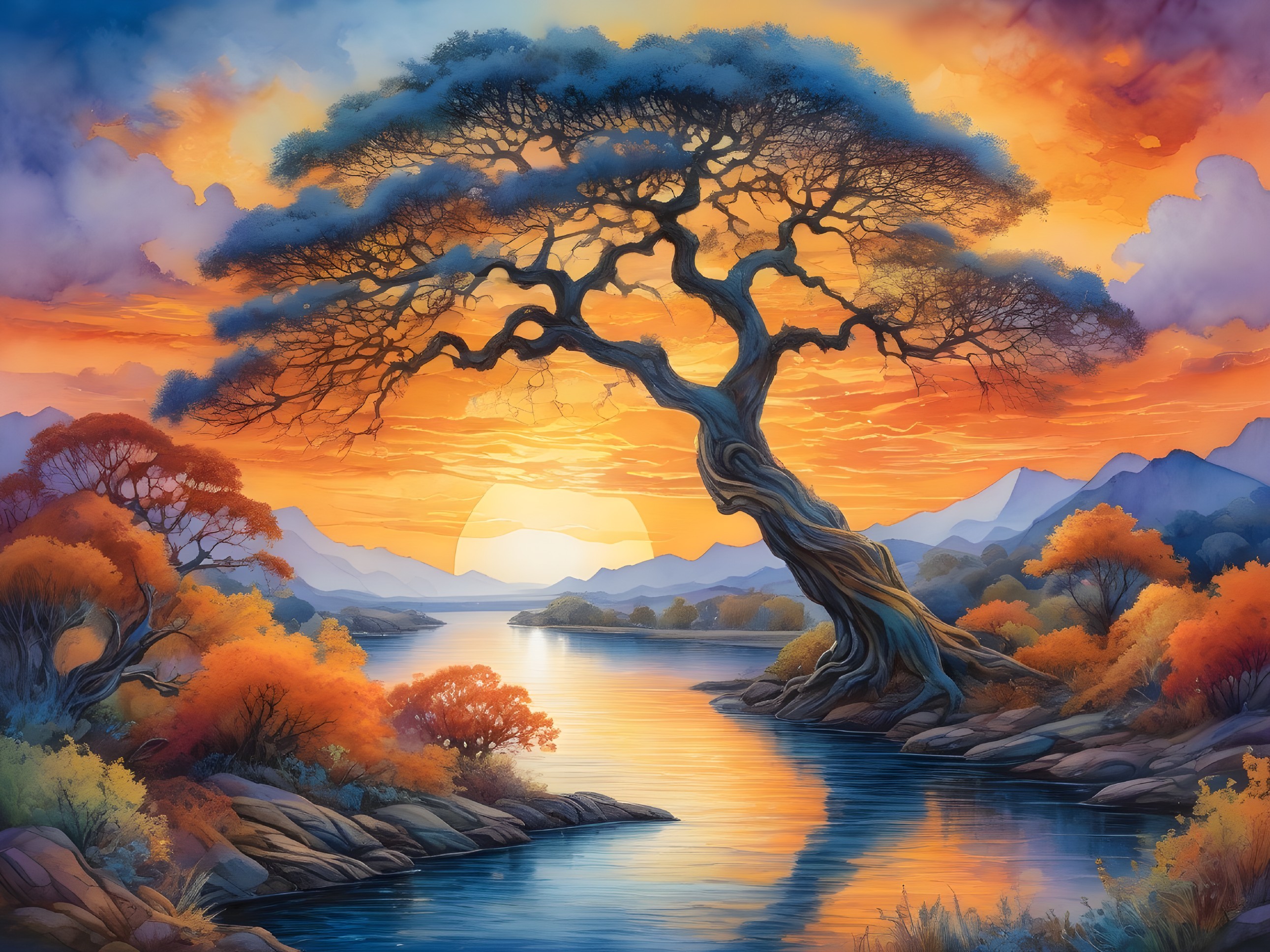 Majestic tree by serene river at sunset landscape
