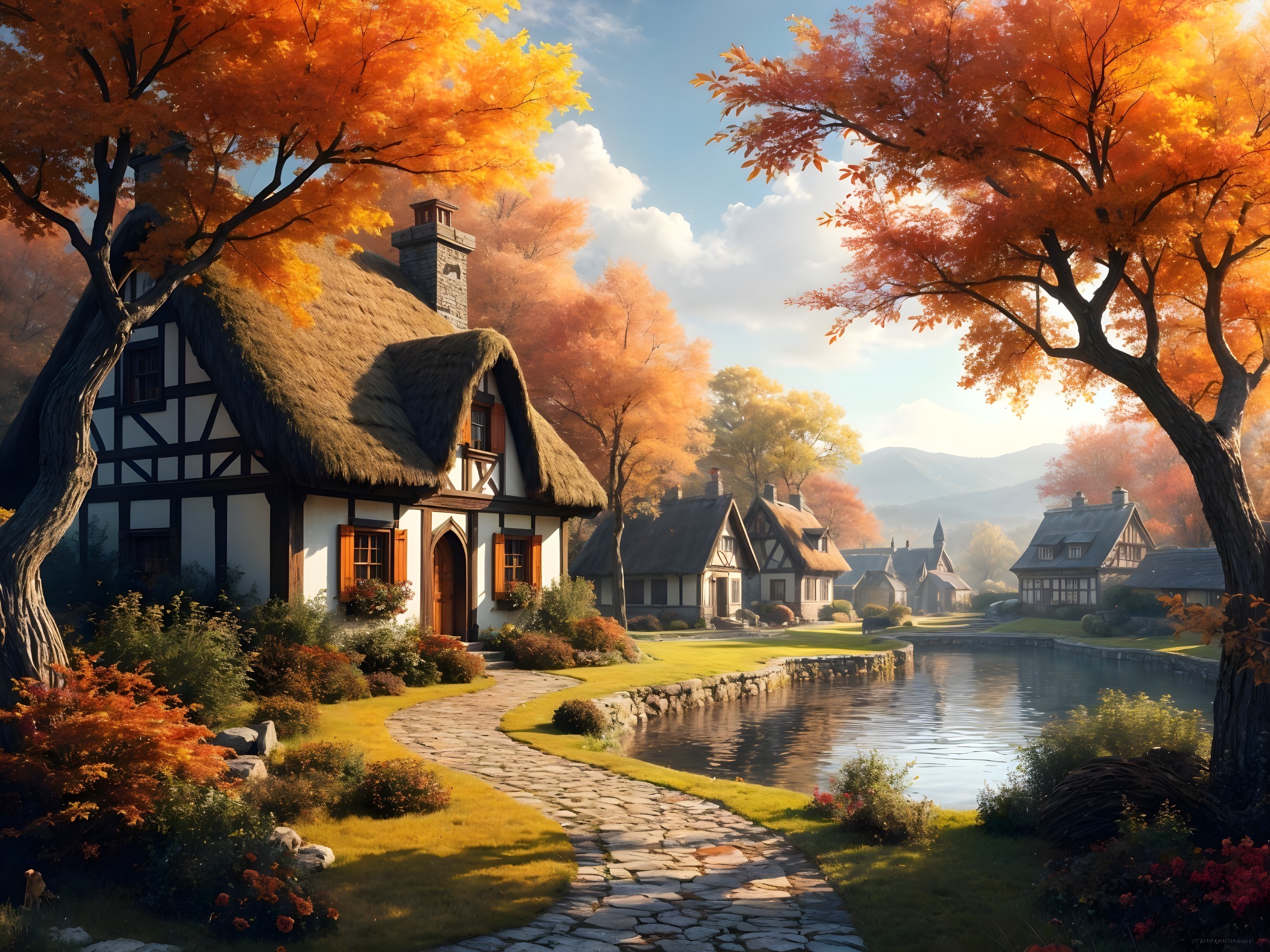 Autumn Village Scene with Cottages and Tranquil Pond