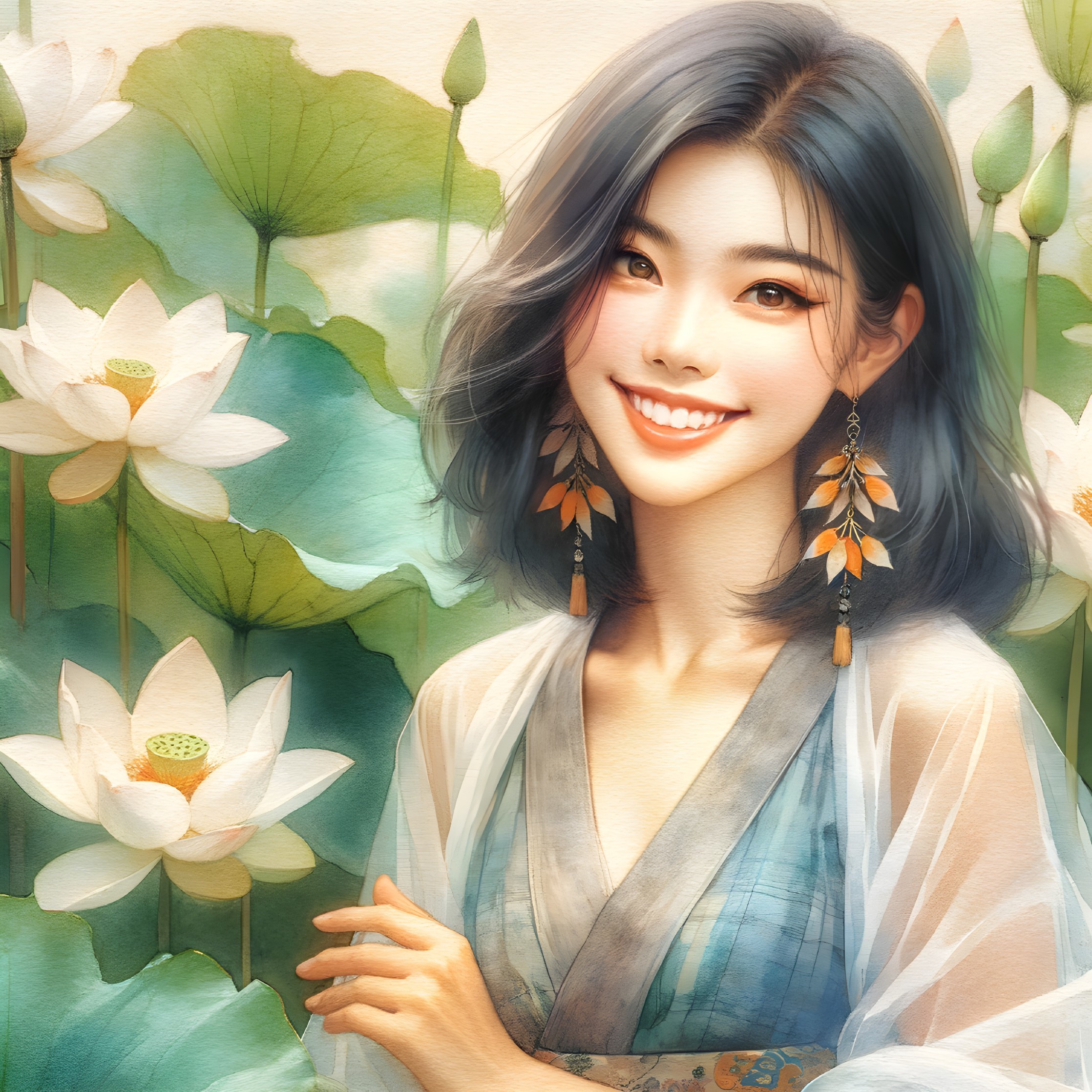 Portrait of a Young Woman Among Lotus Flowers