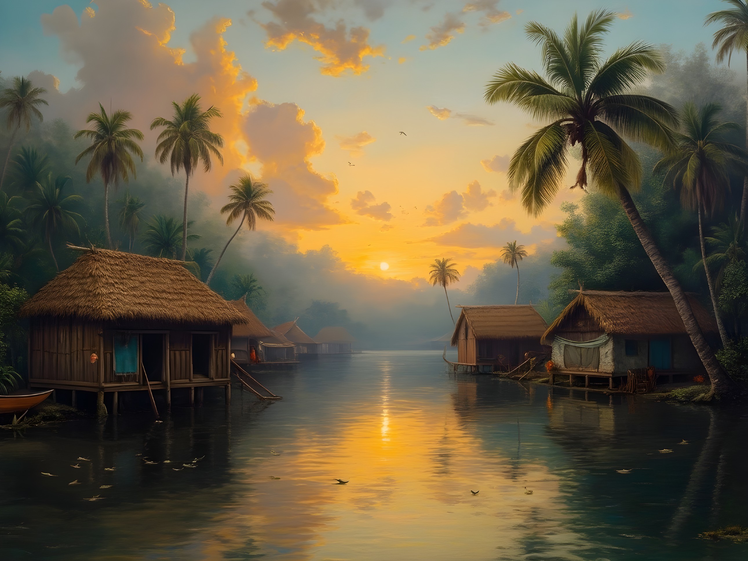 Tranquil Sunset Over Serene River and Wooden Huts