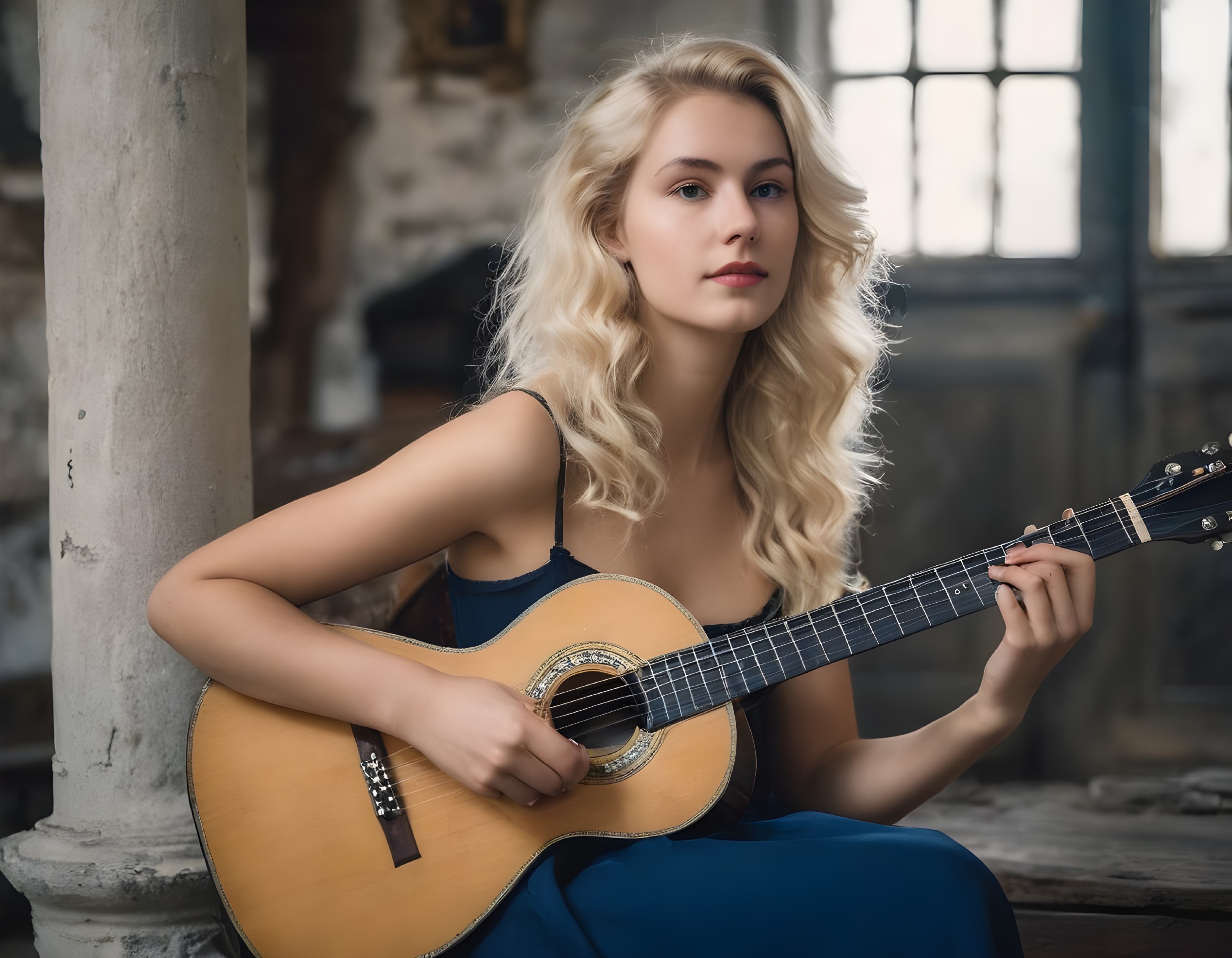 Blonde Woman with Guitar in Blue Dress by Column