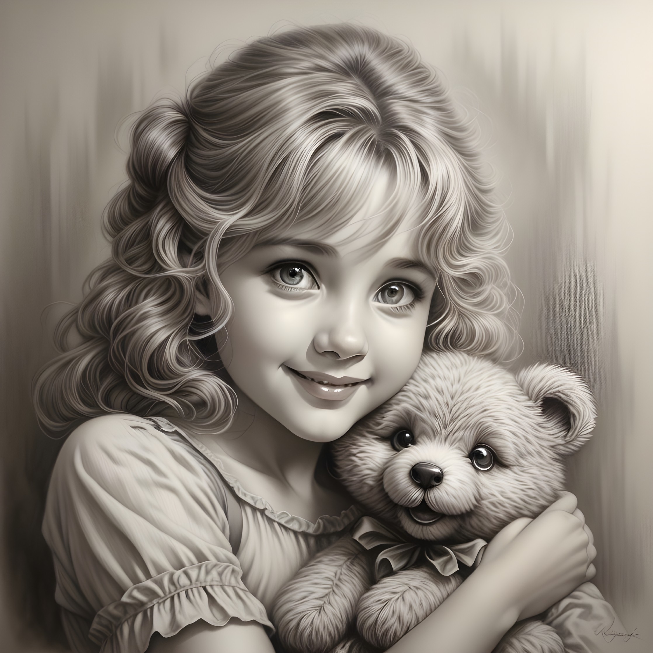 Young girl with teddy bear in soft monochromatic style