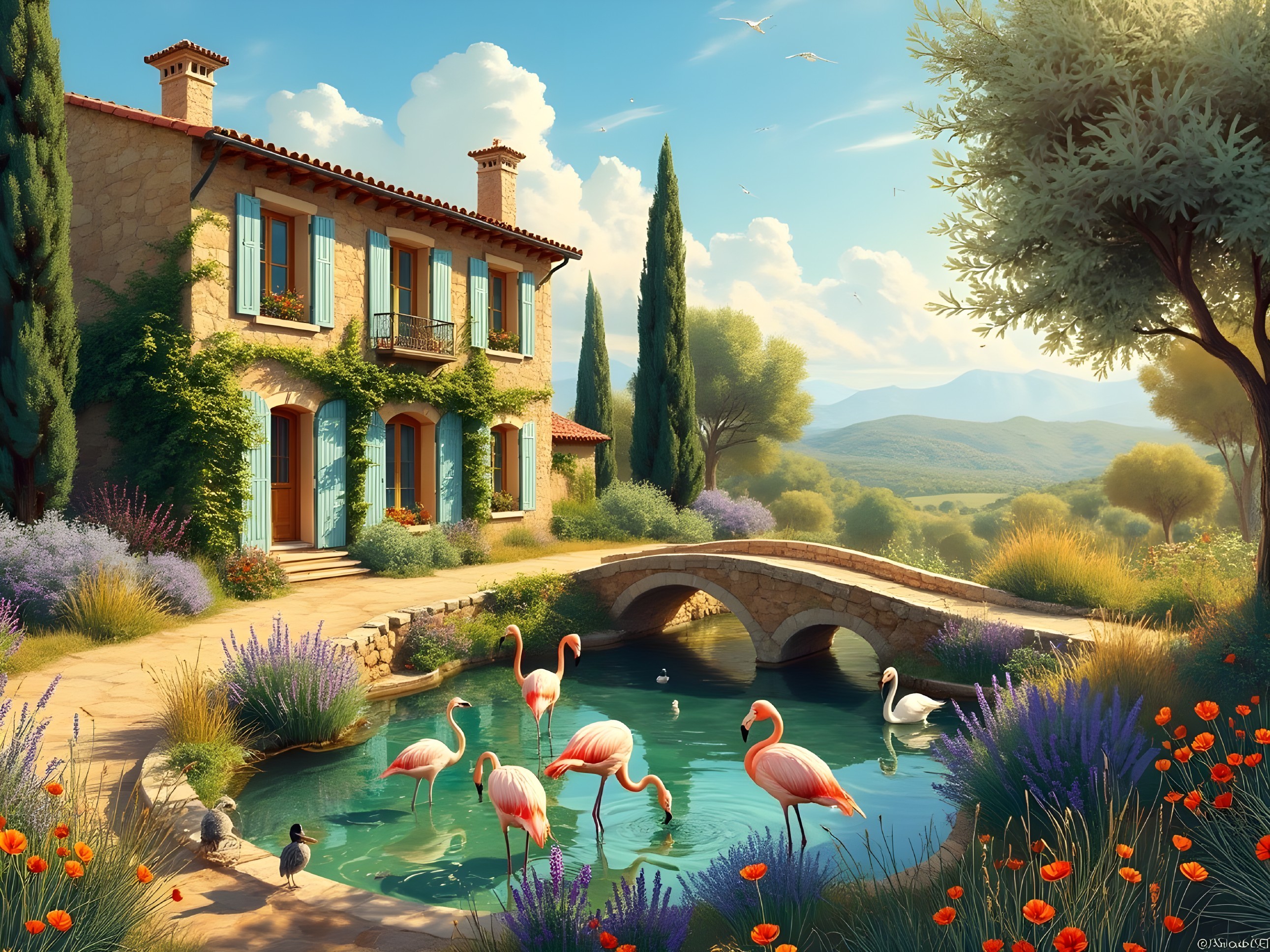 Serene countryside scene with stone house and pond