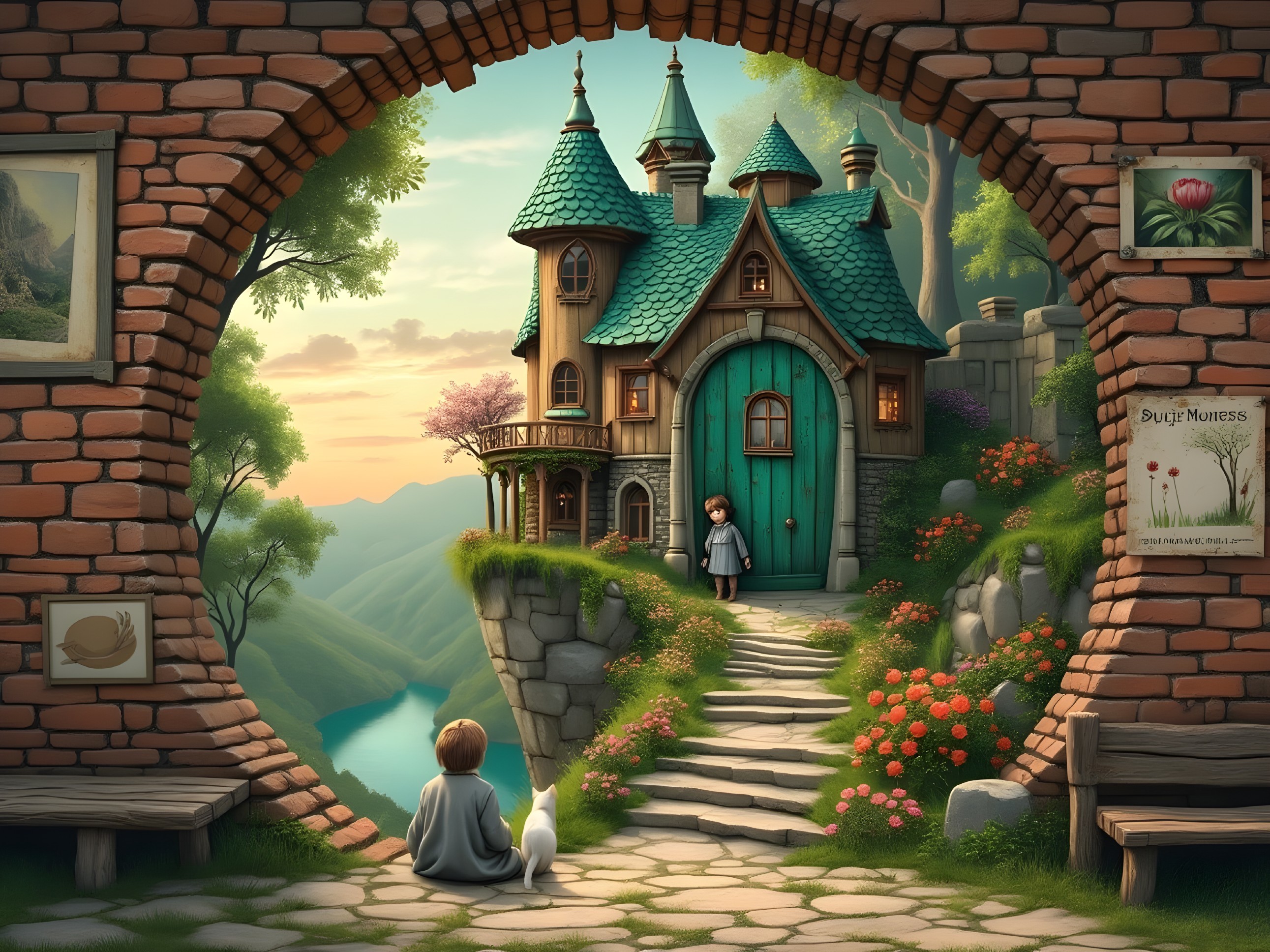 Whimsical Cottage Scene with Children and Nature