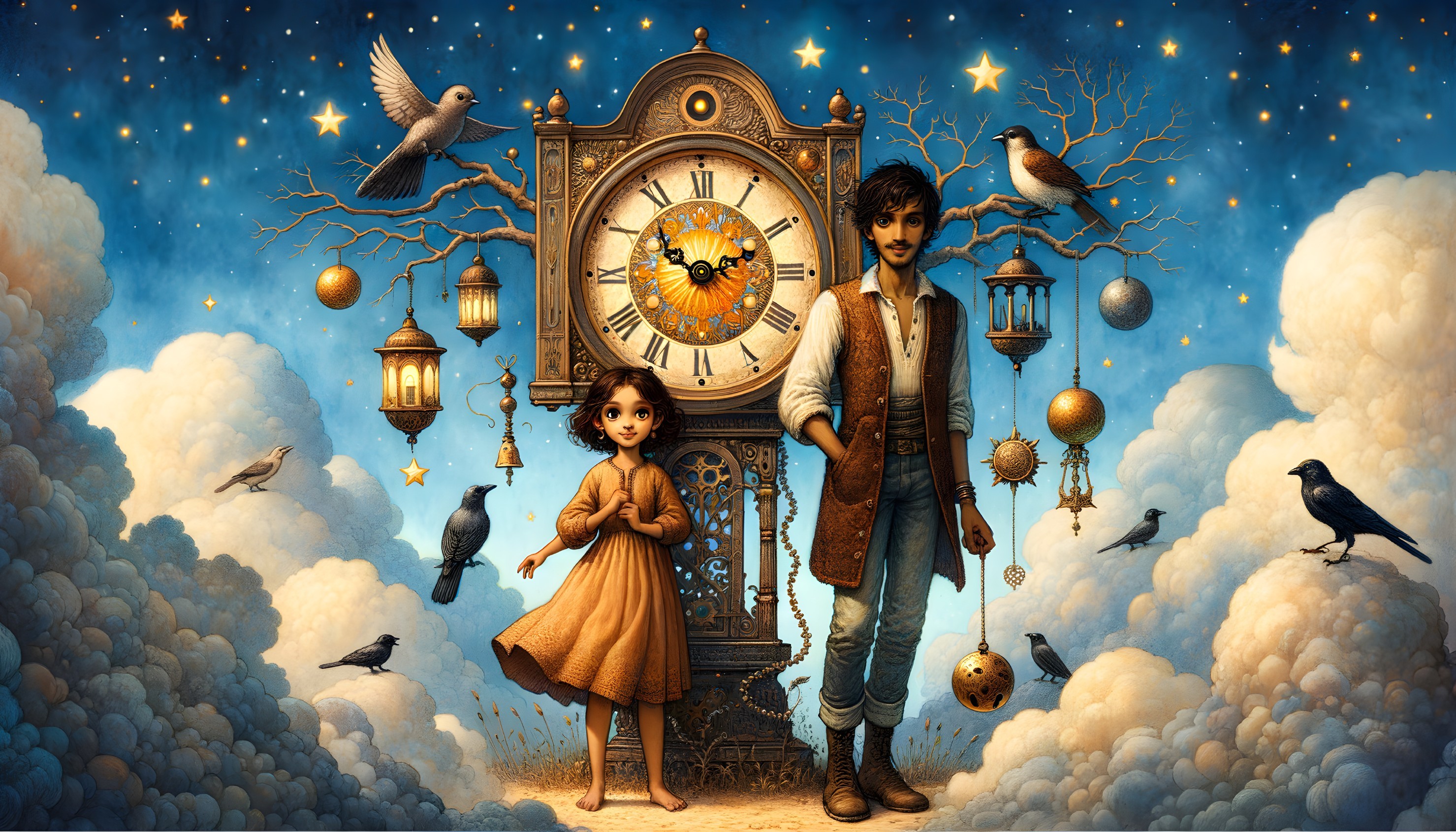 Whimsical Scene of Children Beside Ornate Clock