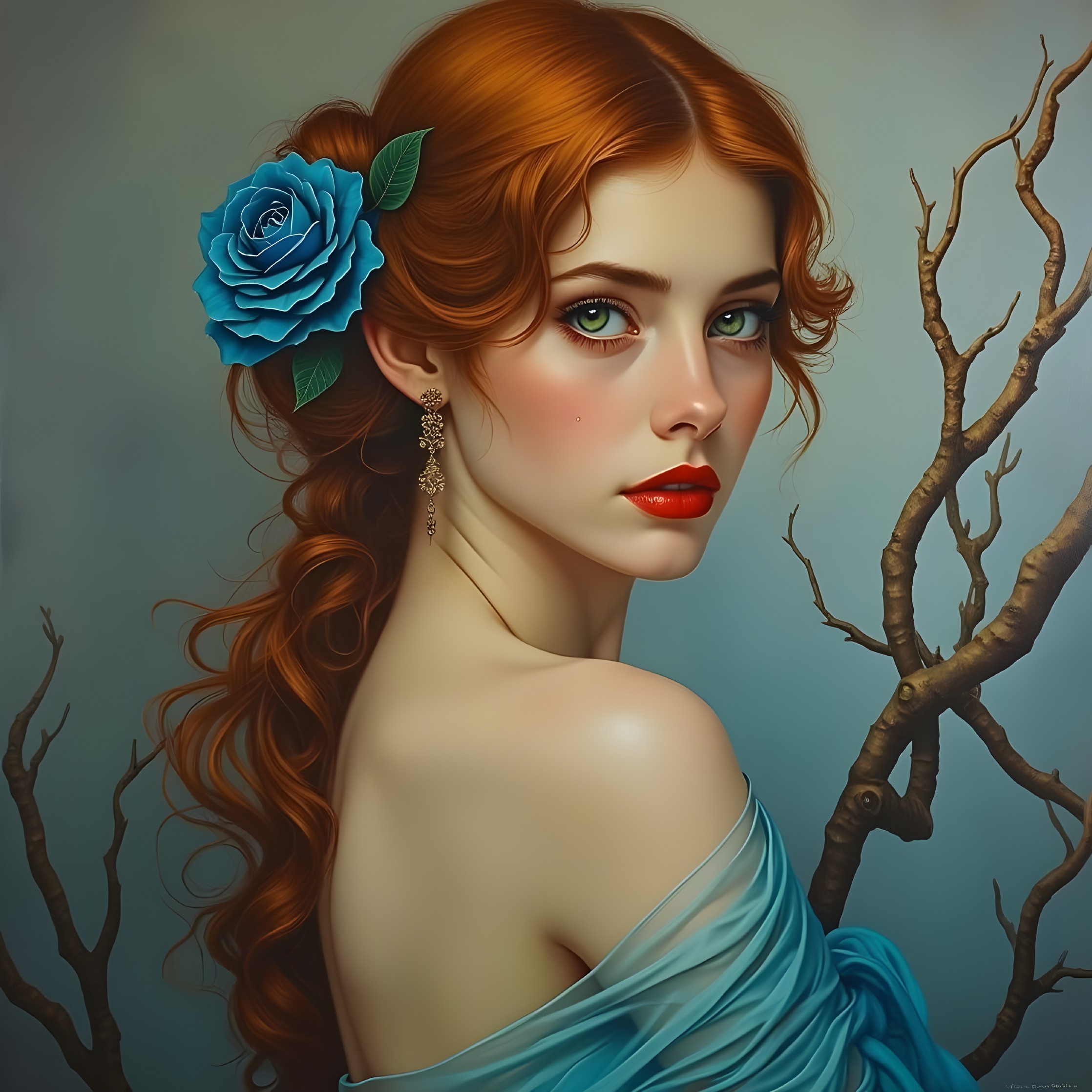 Portrait of a Young Woman with Red Hair and Blue Rose
