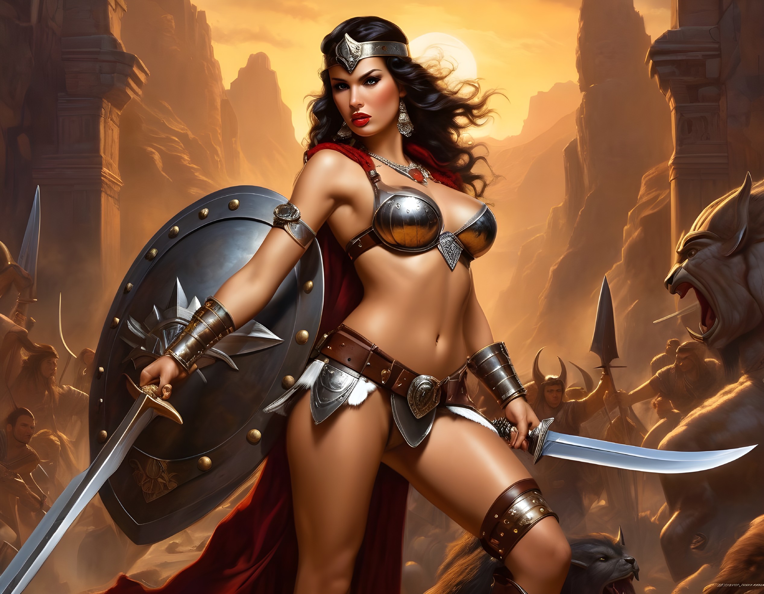 Fierce Warrior Woman in Armor with Wolves and City