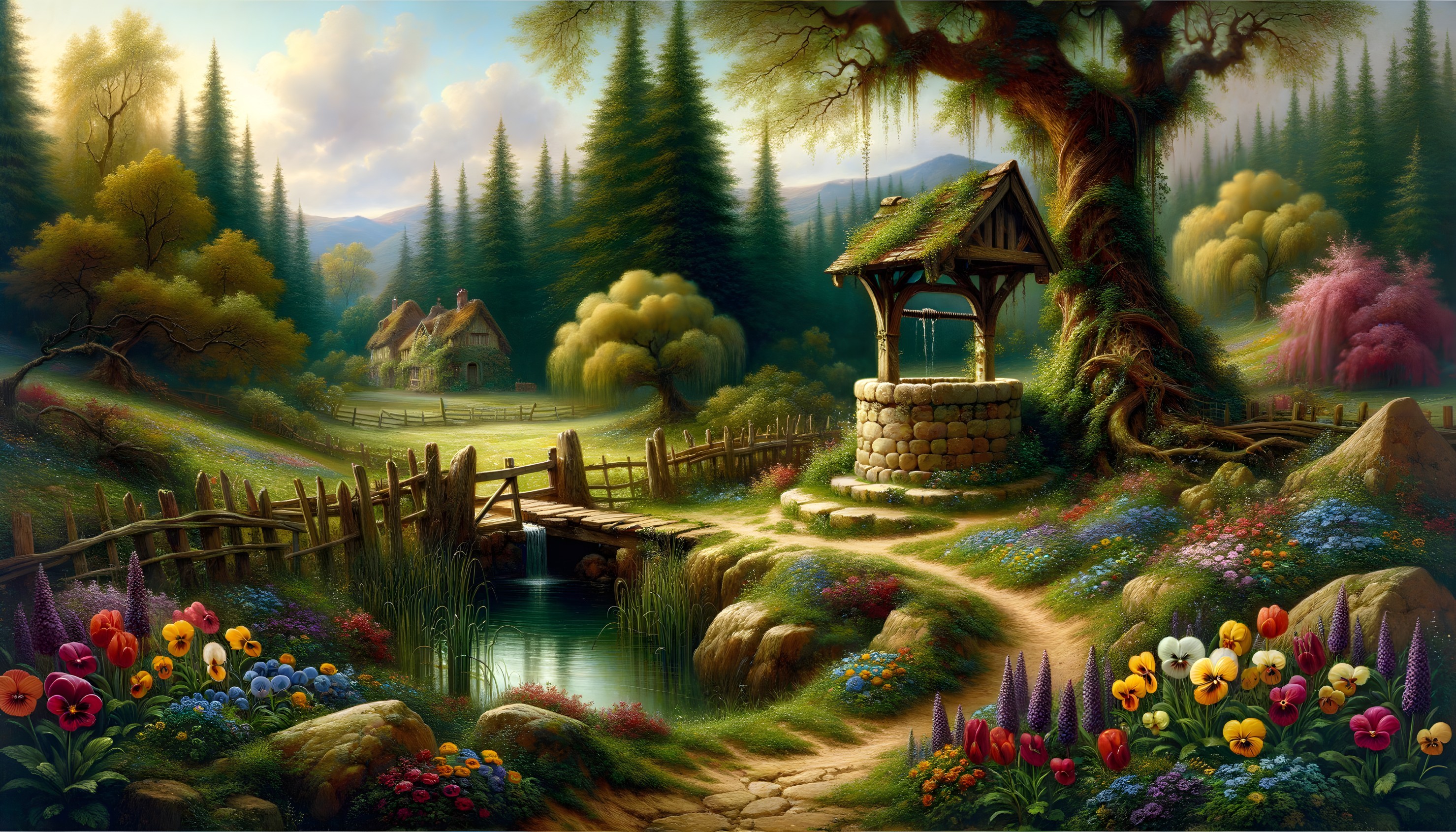 Whimsical Landscape with Well, Flowers, and Cottage