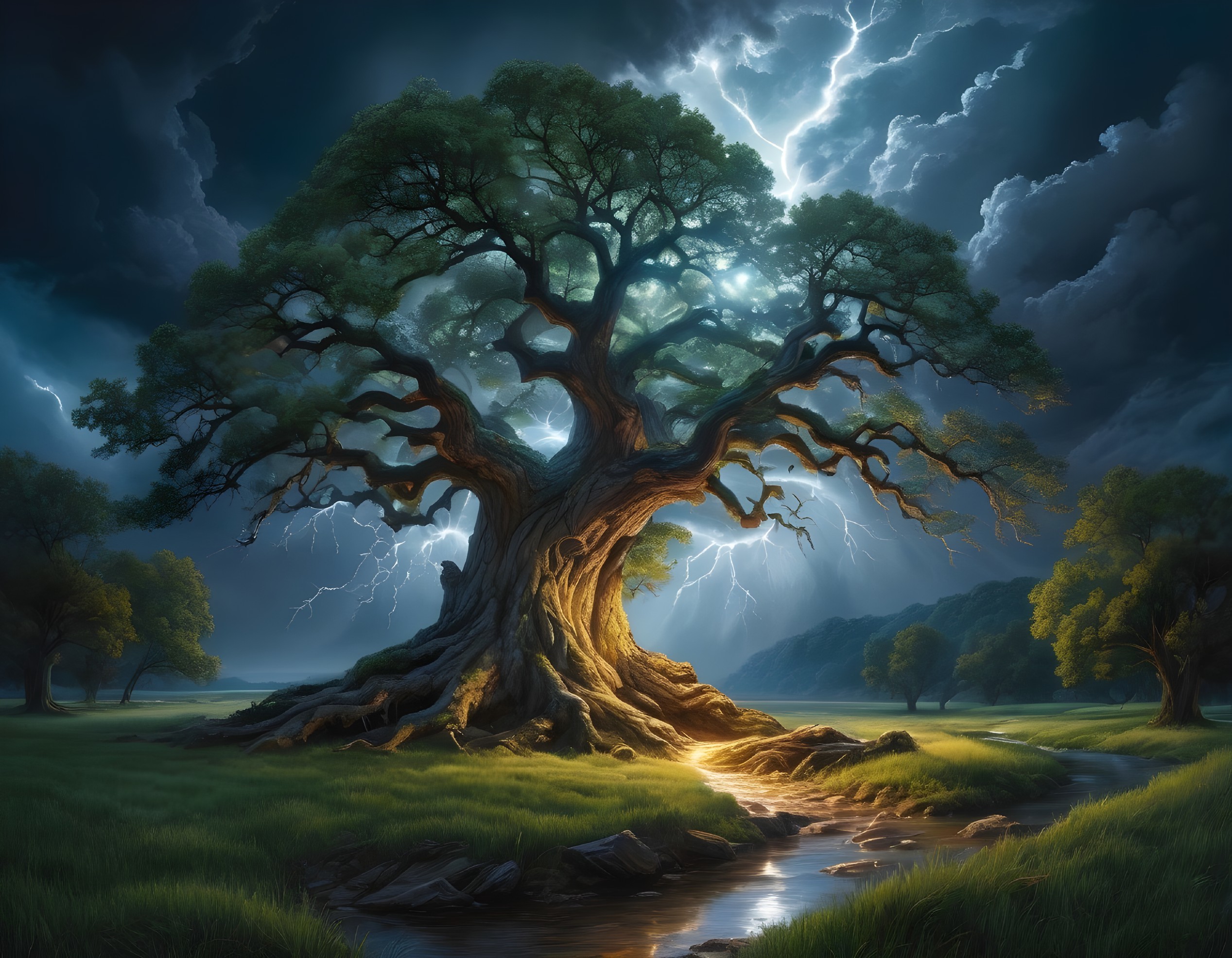 Ancient Tree in Lush Landscape Under Dramatic Sky