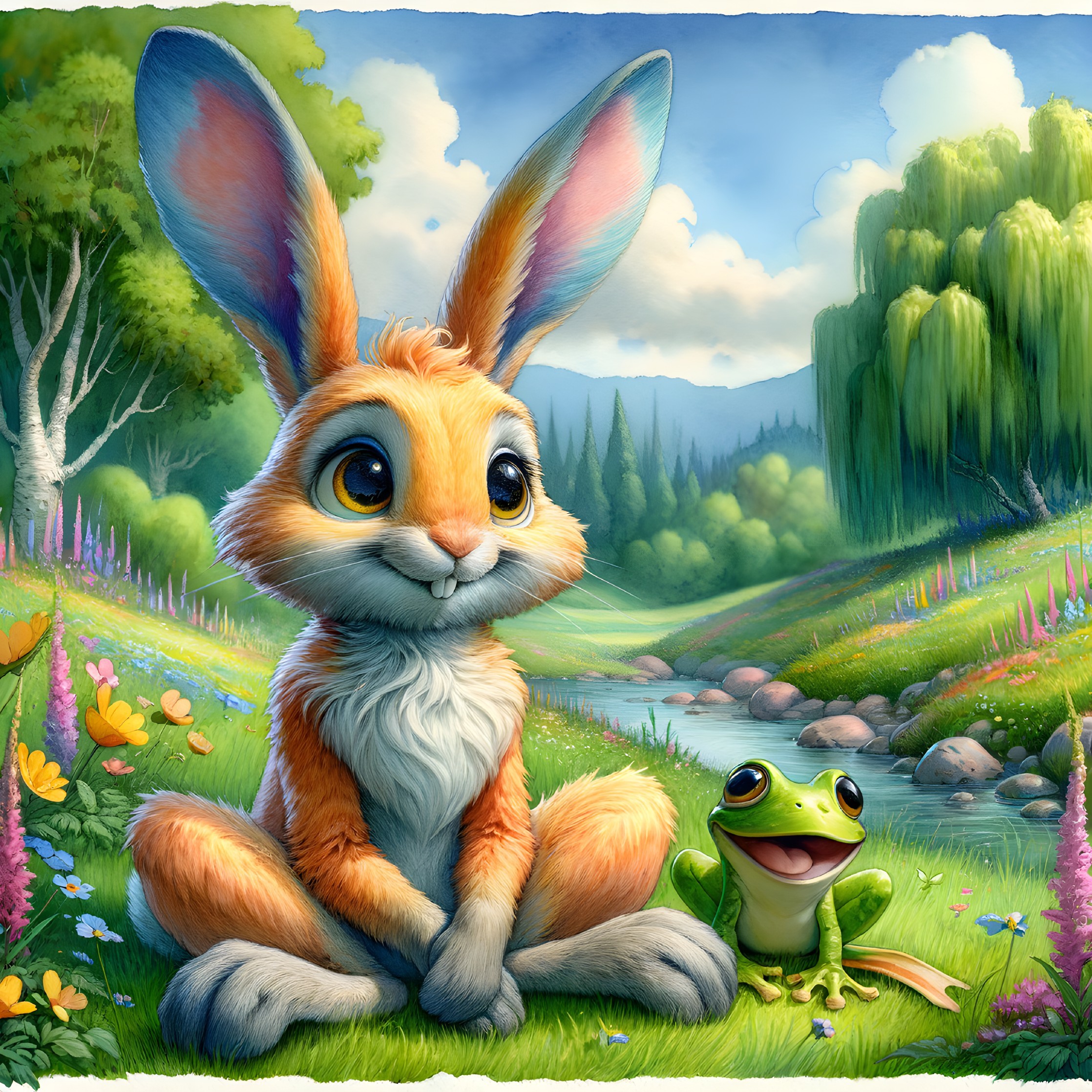 Cheerful Rabbit and Frog in Enchanted Meadow Scene