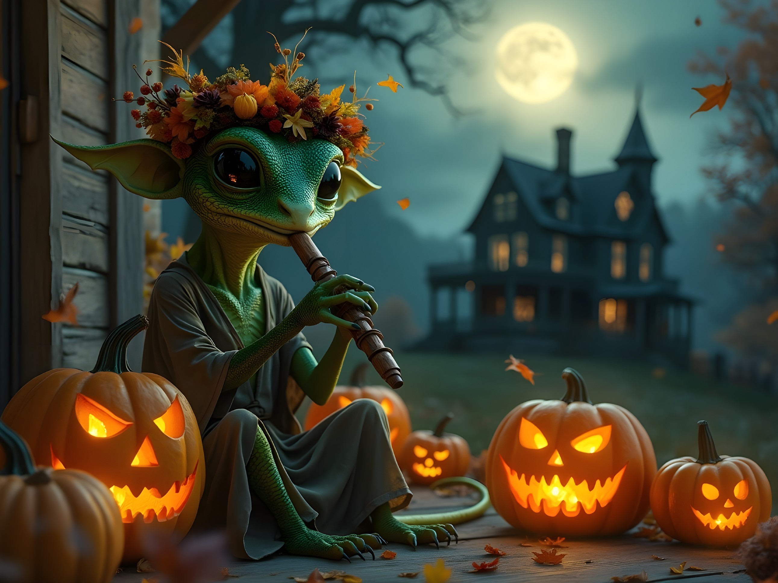 Whimsical Alien Character on Porch with Moonlit Scene
