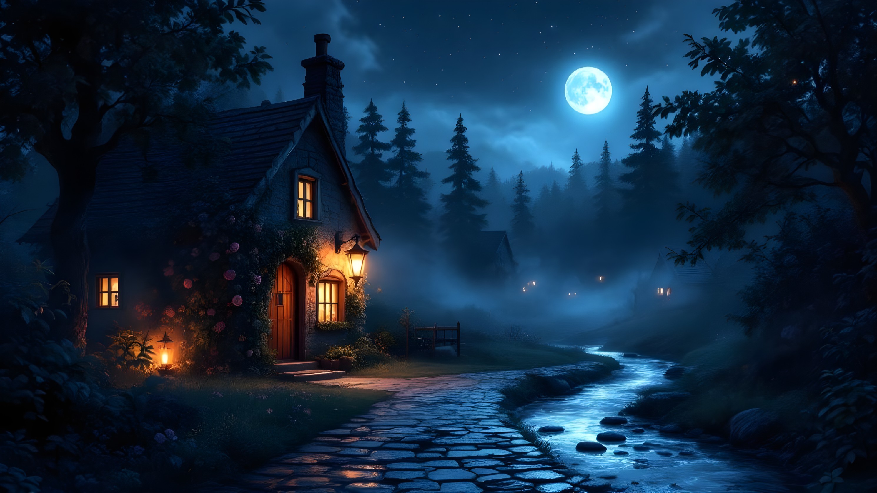 Cottage Surrounded by Trees Under a Full Moon