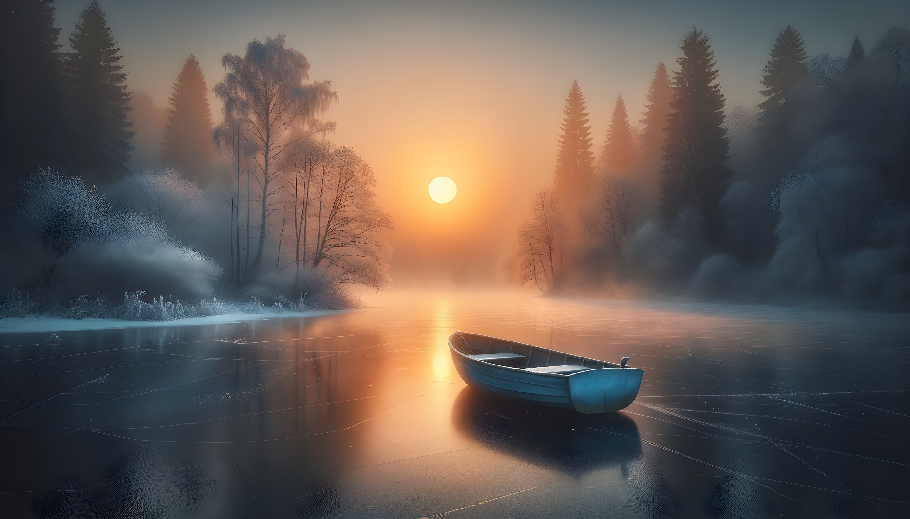 Serene Winter Landscape with Blue Boat on Frozen Lake