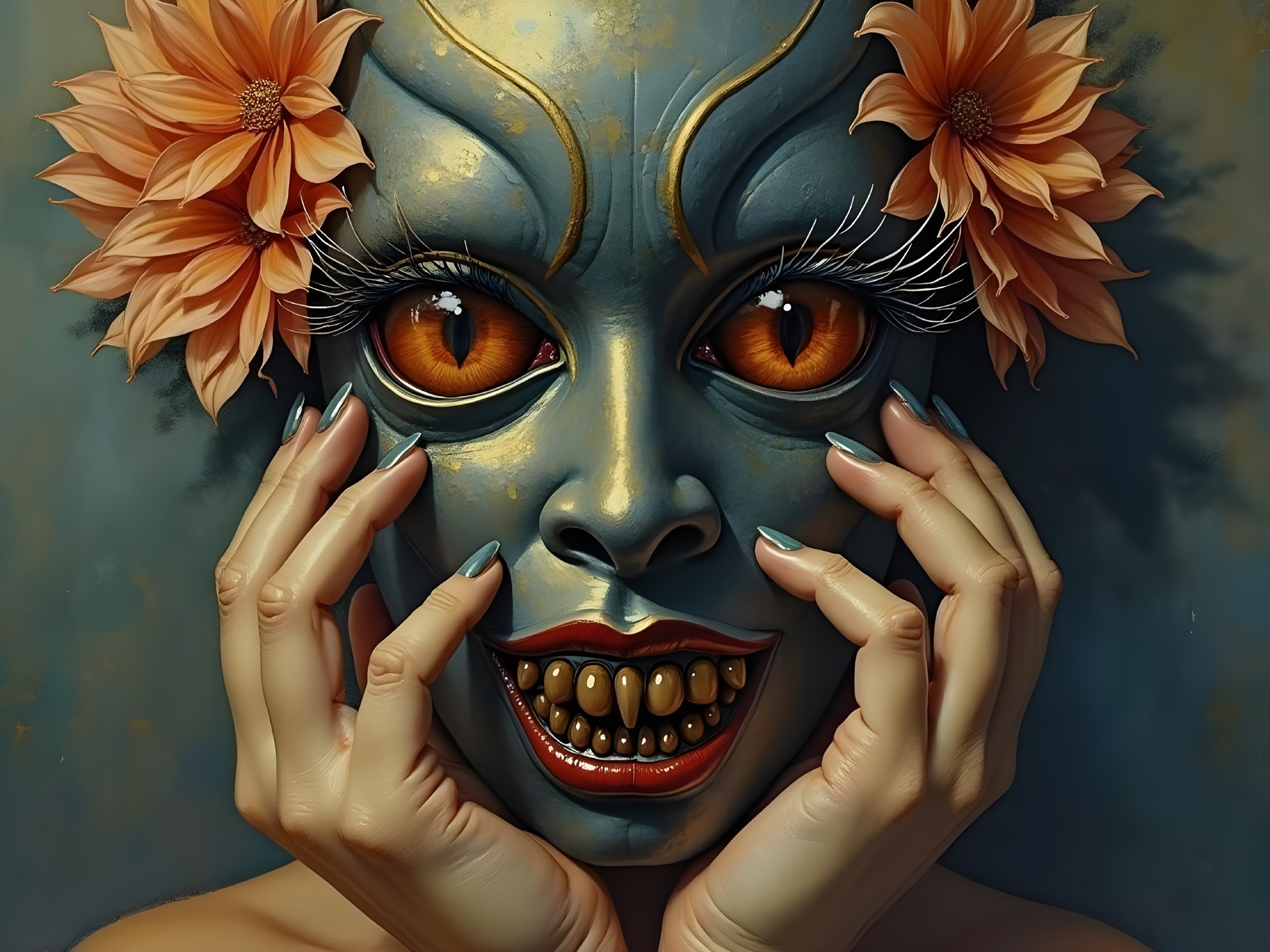Surreal Portrait with Blue Skin and Sinister Smile
