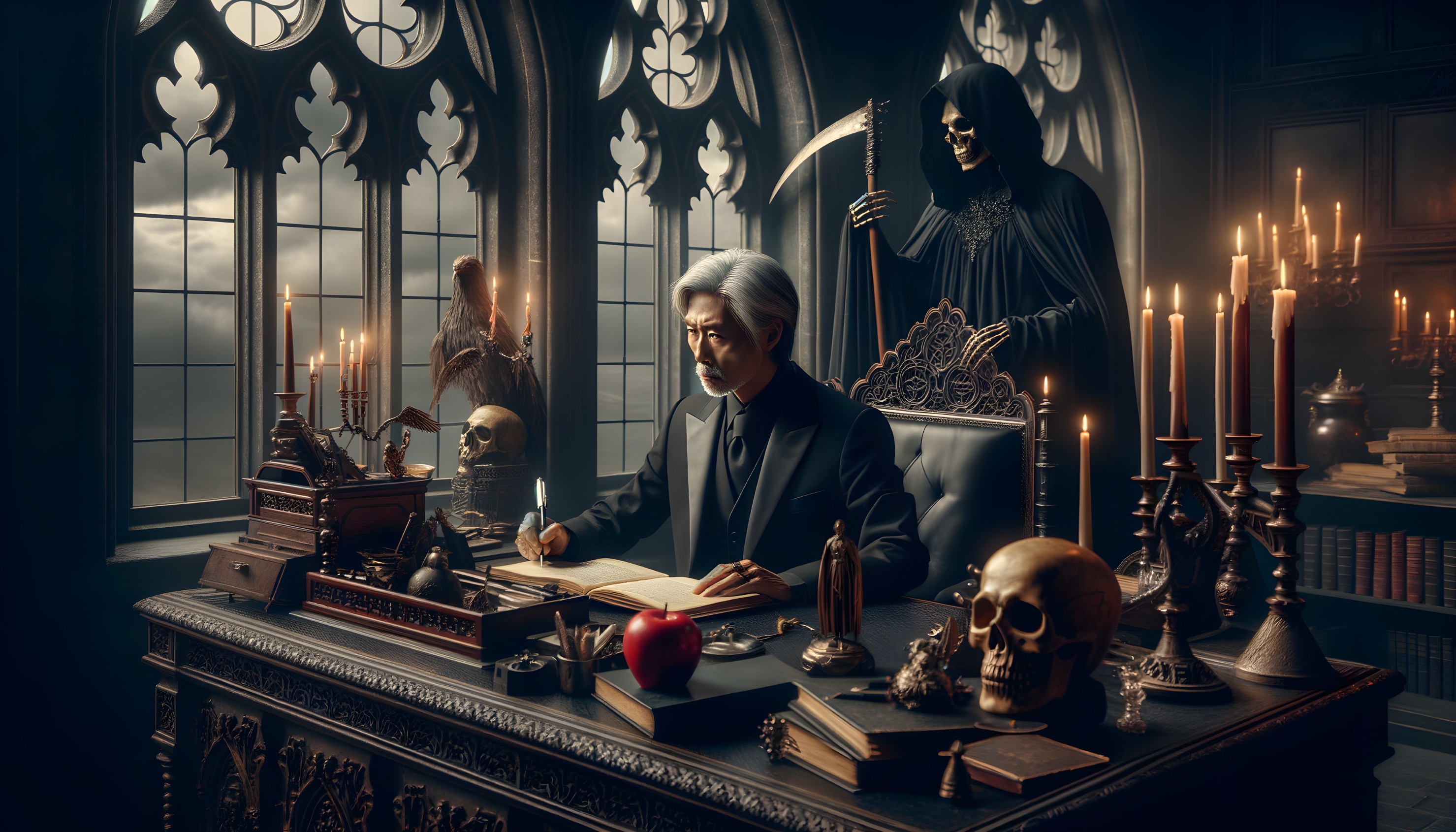 Gothic Study with Silver-Haired Figure and Skulls