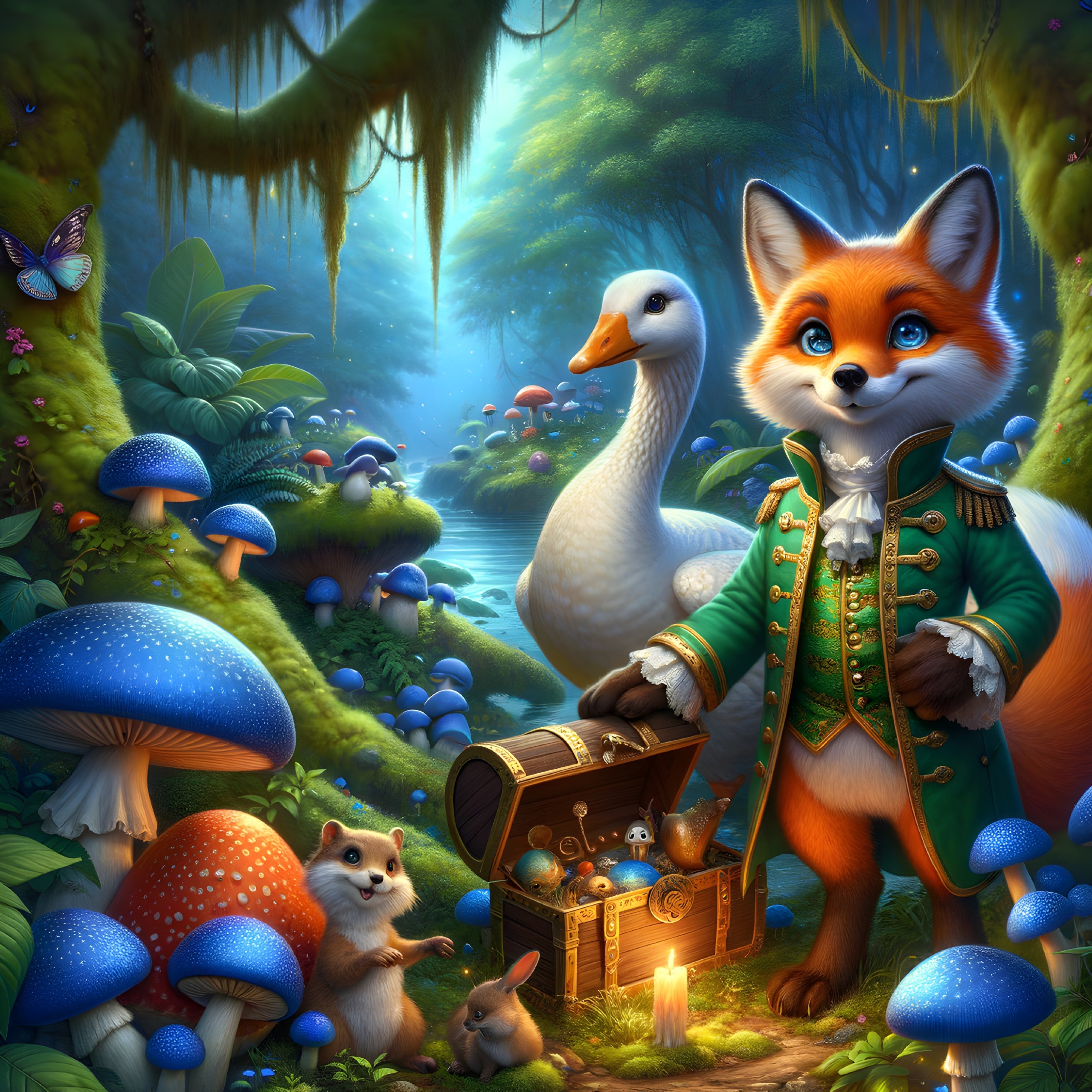 Whimsical forest scene with a fox and a goose