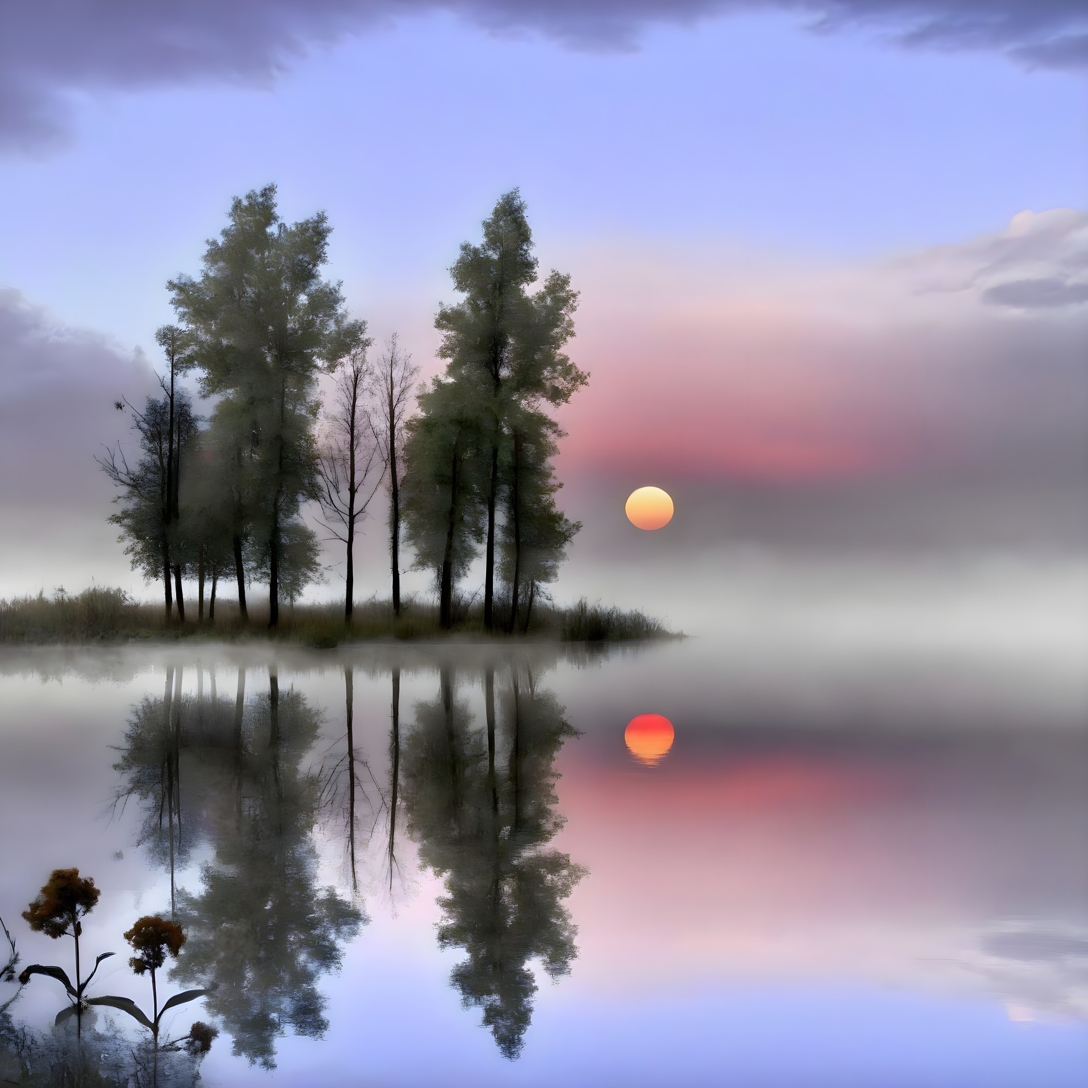 Serene Dusk Landscape with Reflective Lake and Mist