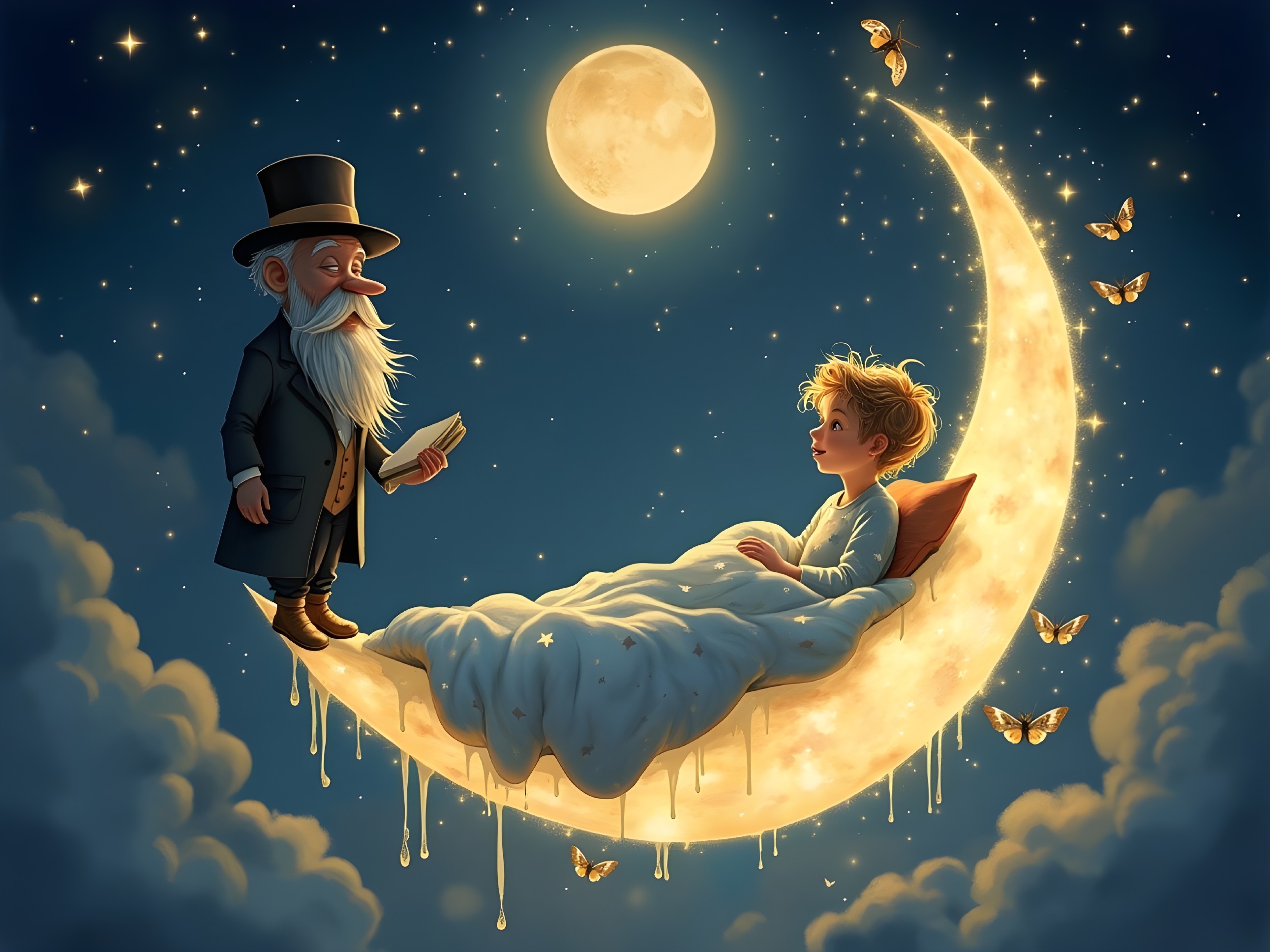 Whimsical Scene of Storytelling on a Crescent Moon