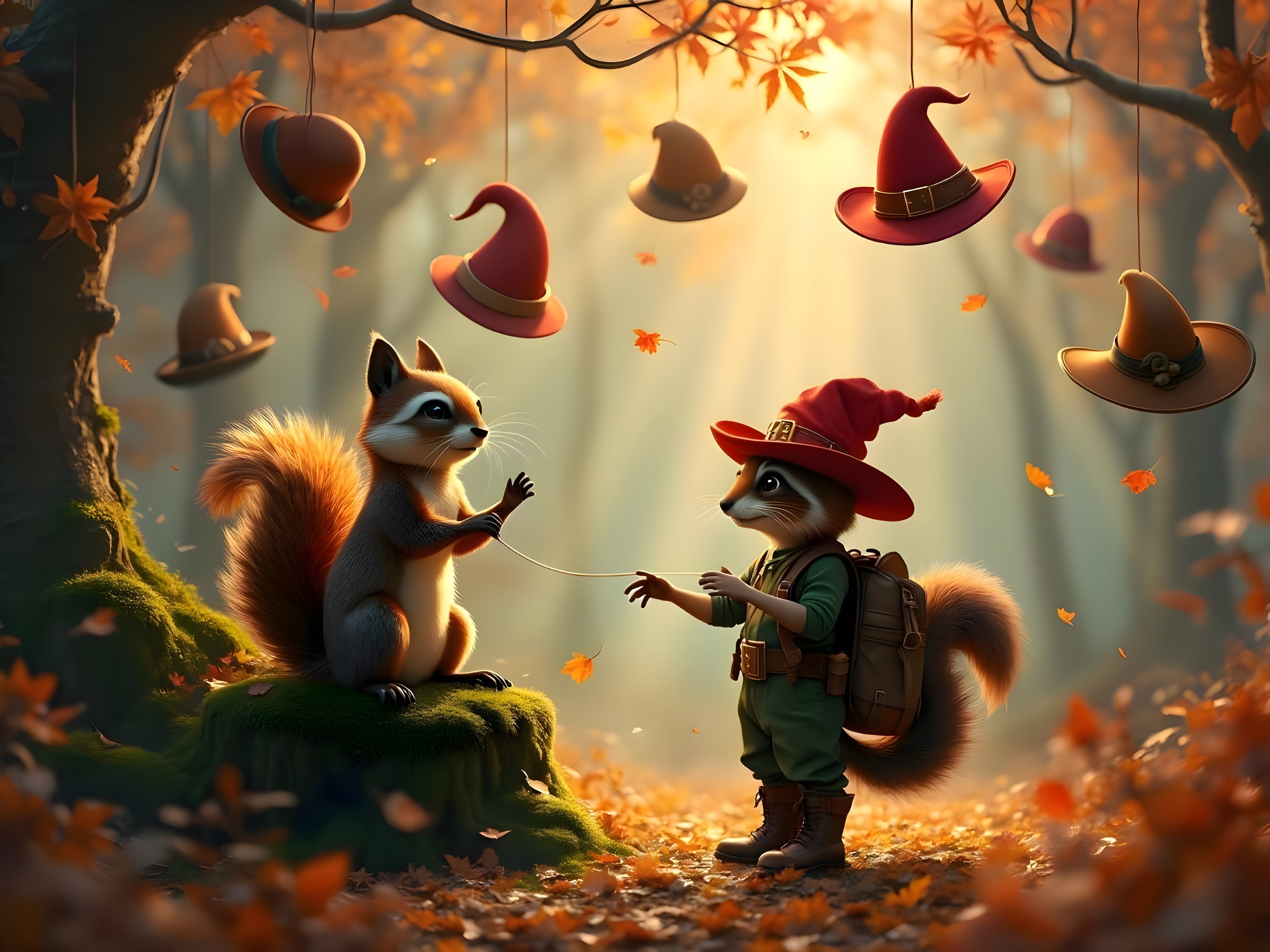 Playful Squirrels in a Whimsical Forest Setting