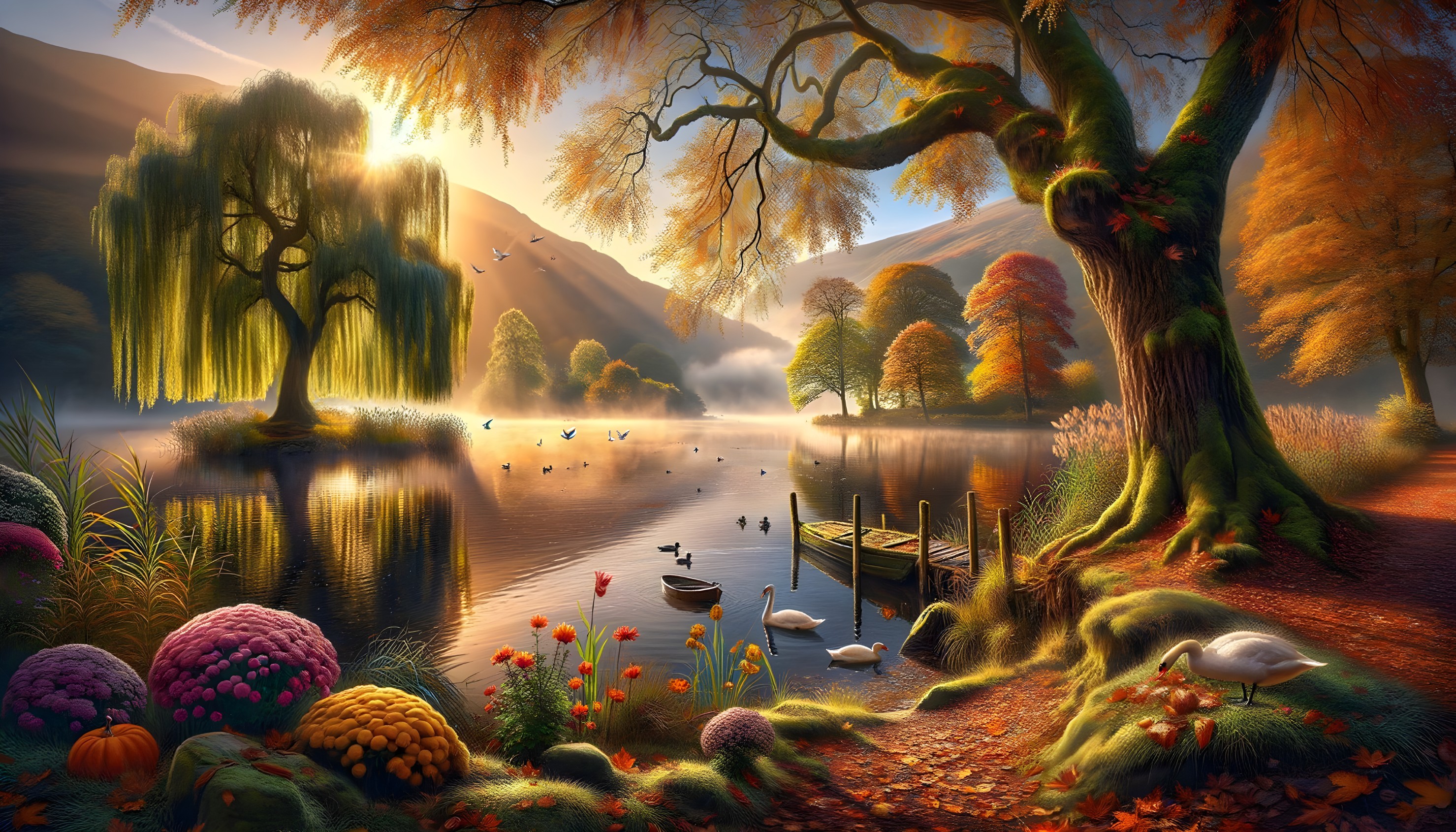 Autumn Landscape with Vibrant Foliage and Lake Reflection