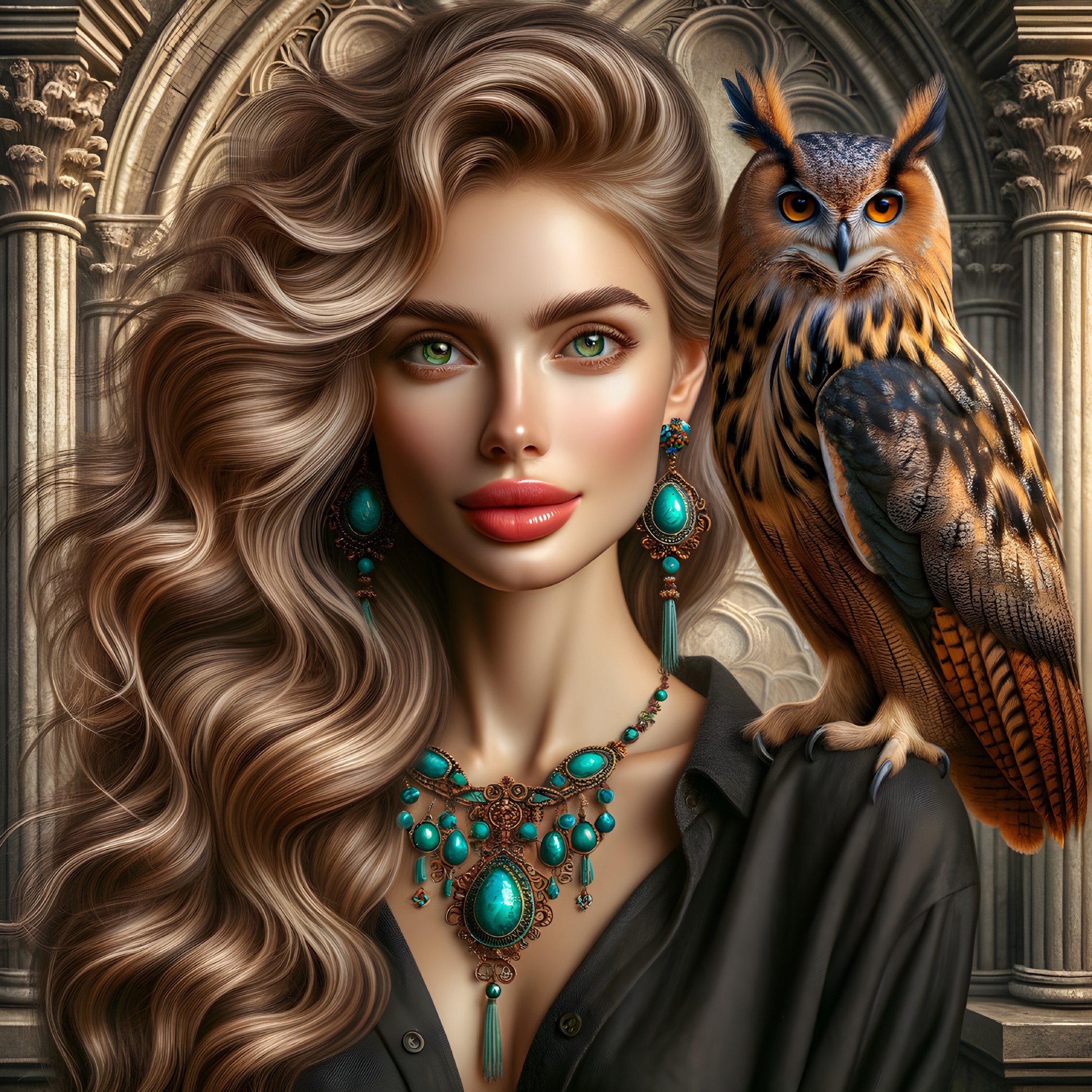 Elegant Woman with Turquoise Jewelry and Owl Companion