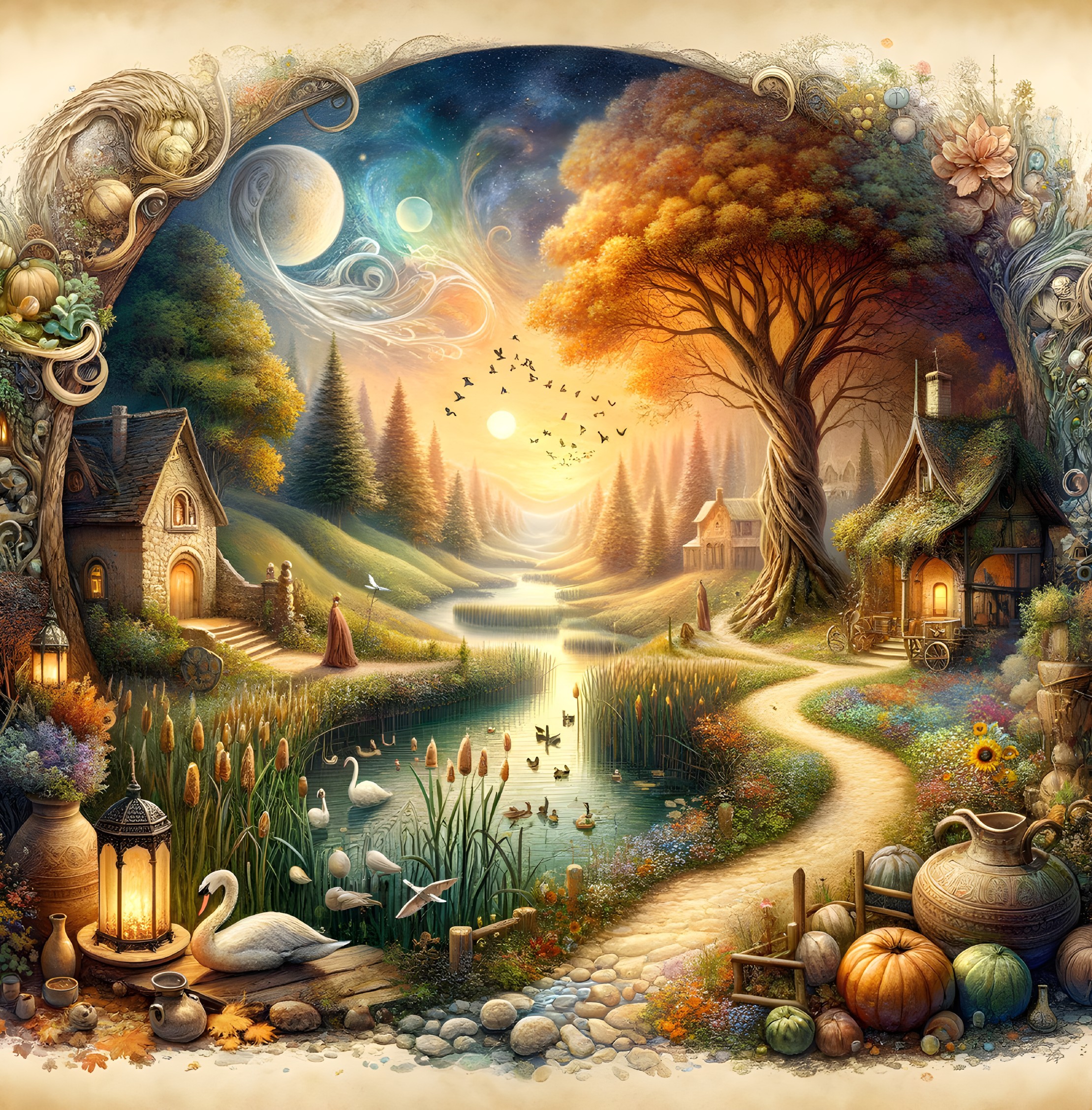 Whimsical Autumn Landscape with Serene Lake and Swans