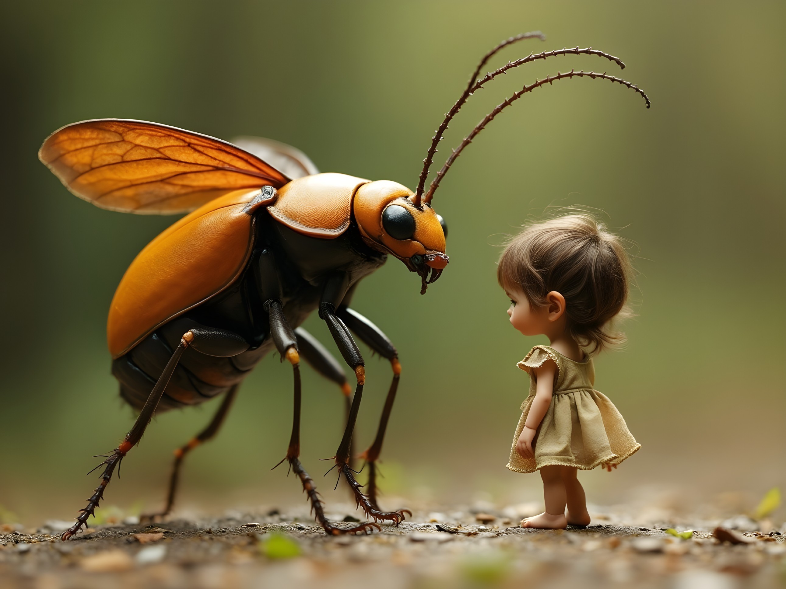 Child Encounters Giant Orange Beetle in Forest