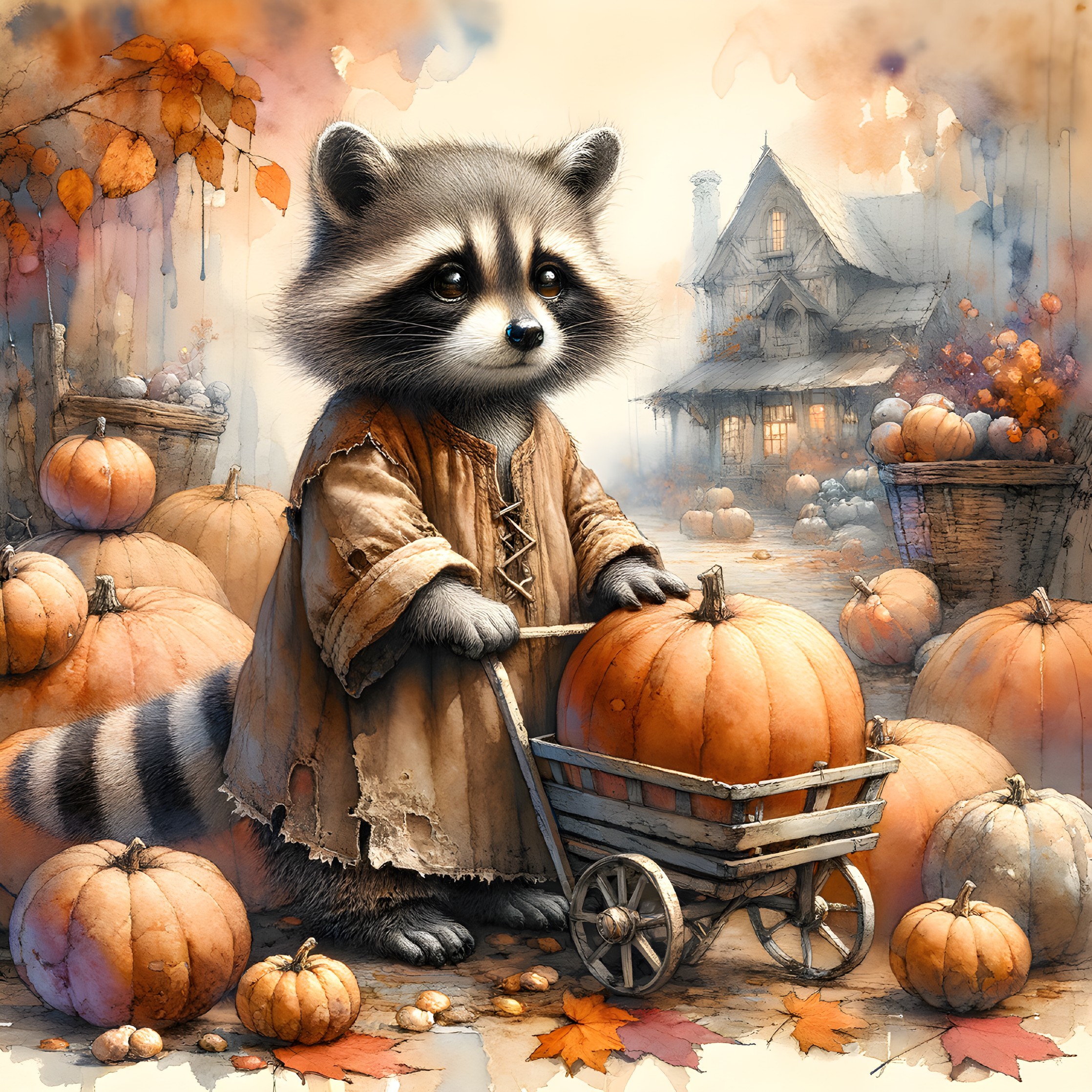 Whimsical Raccoon with Pumpkin in Autumn Scene