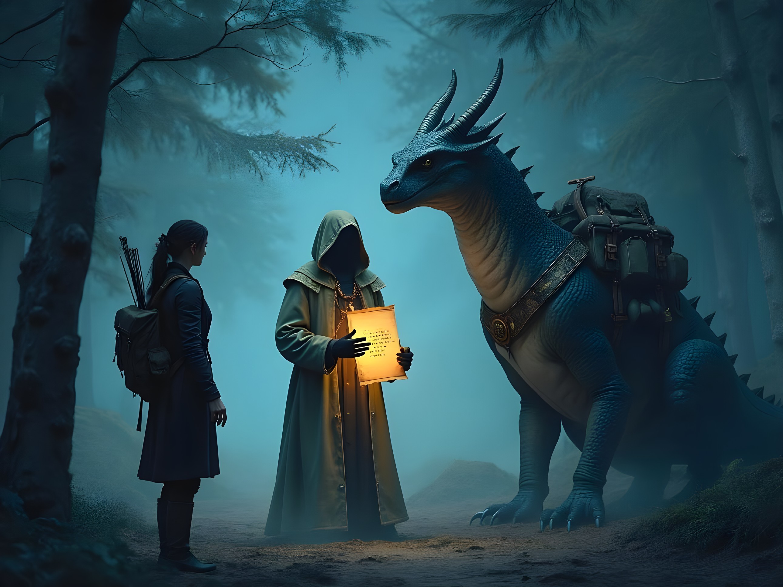 Mysterious Figure, Dragon, and Woman in Enchanted Forest