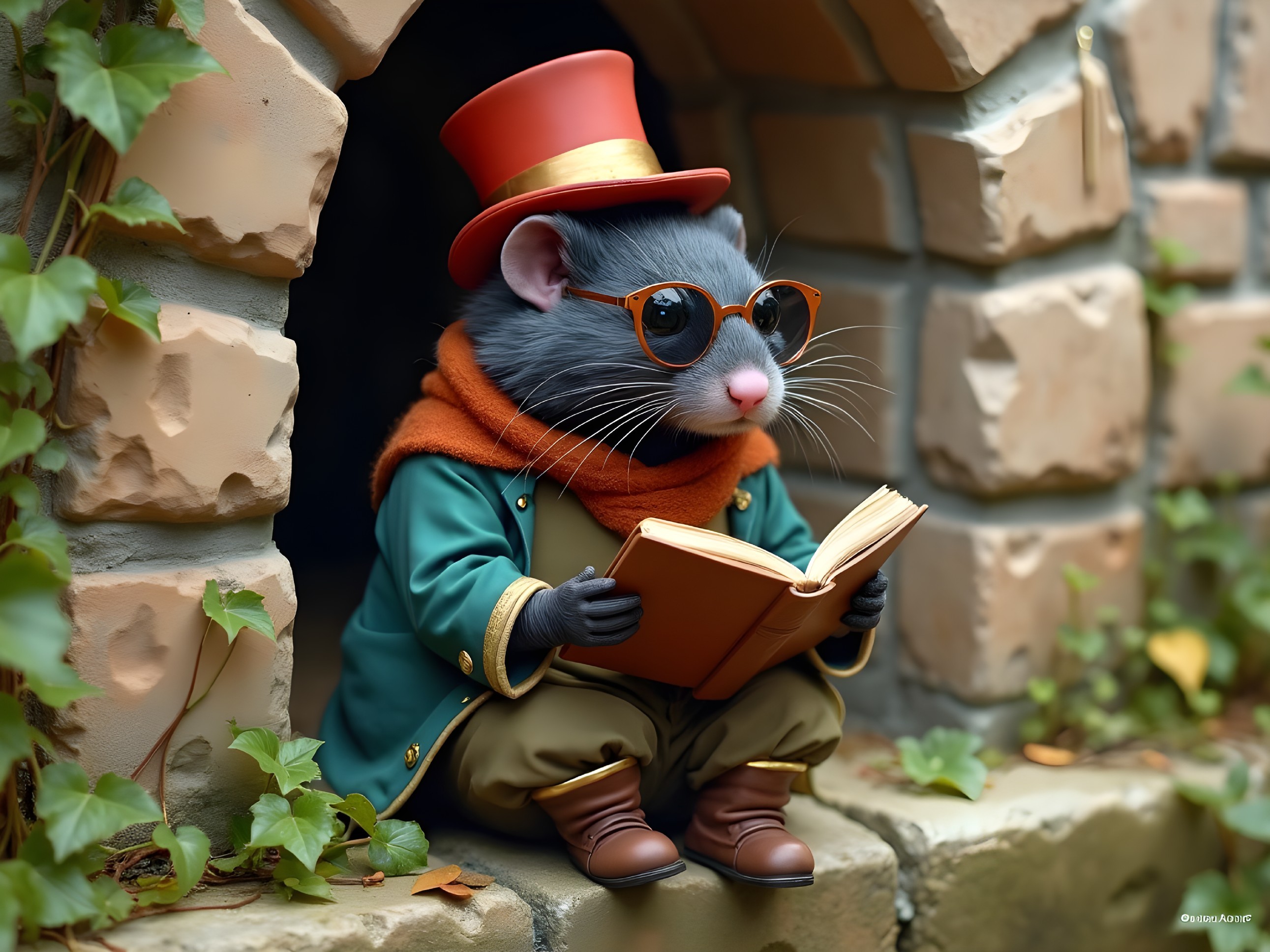 Anthropomorphic mouse reading under stone archway