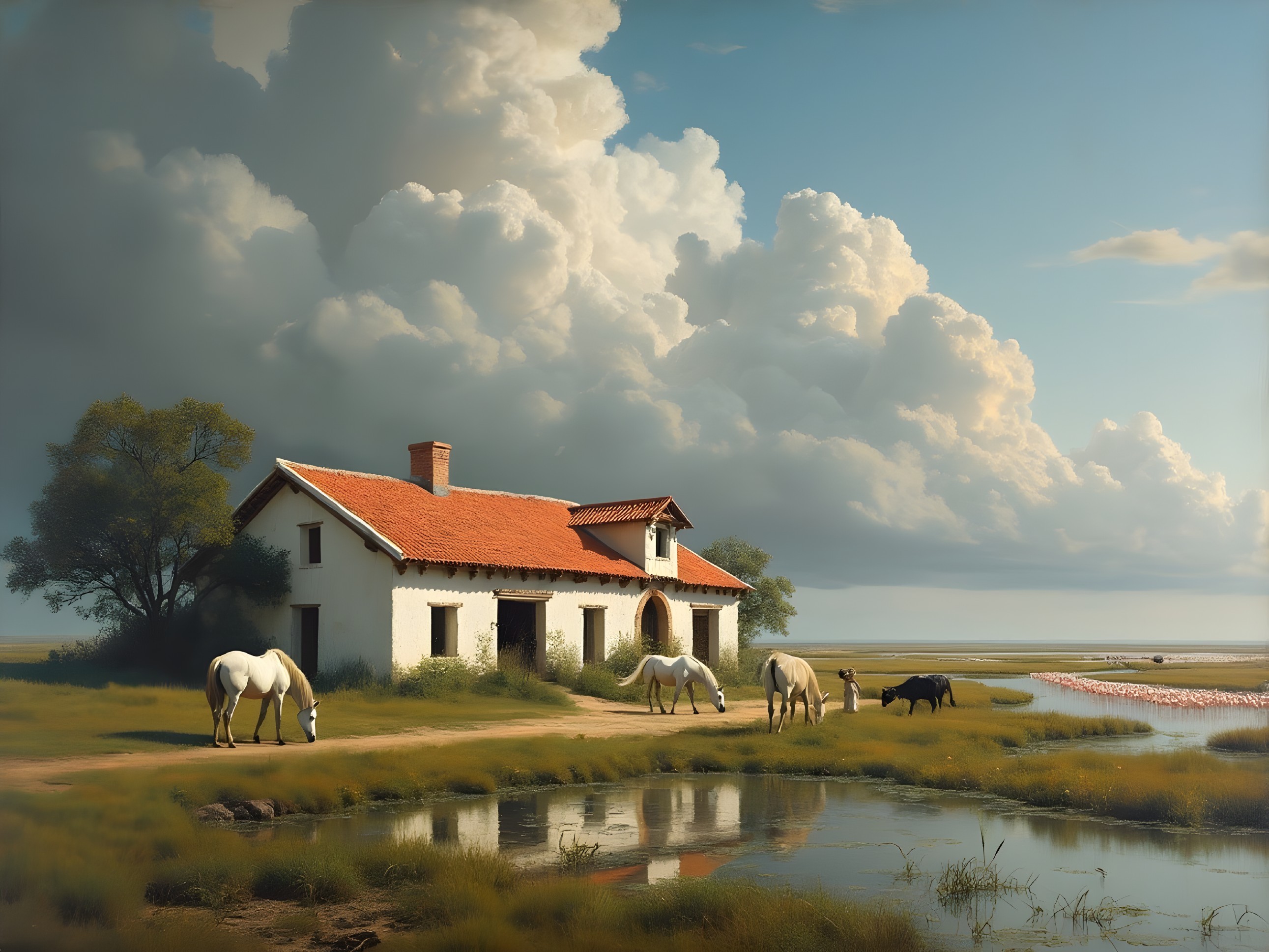 Tranquil Countryside Scene with House and Animals