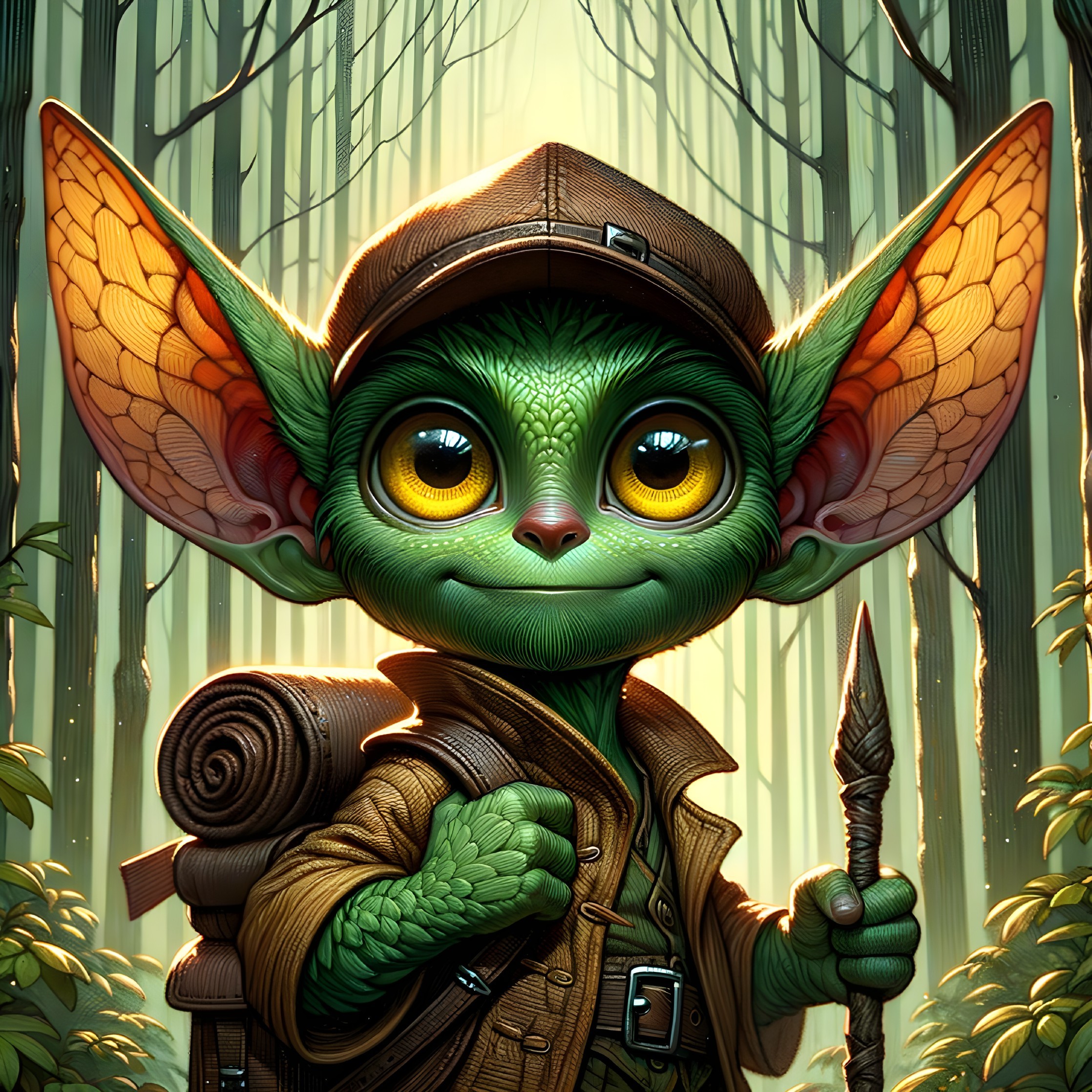 Whimsical Green-Skinned Character in Lush Forest