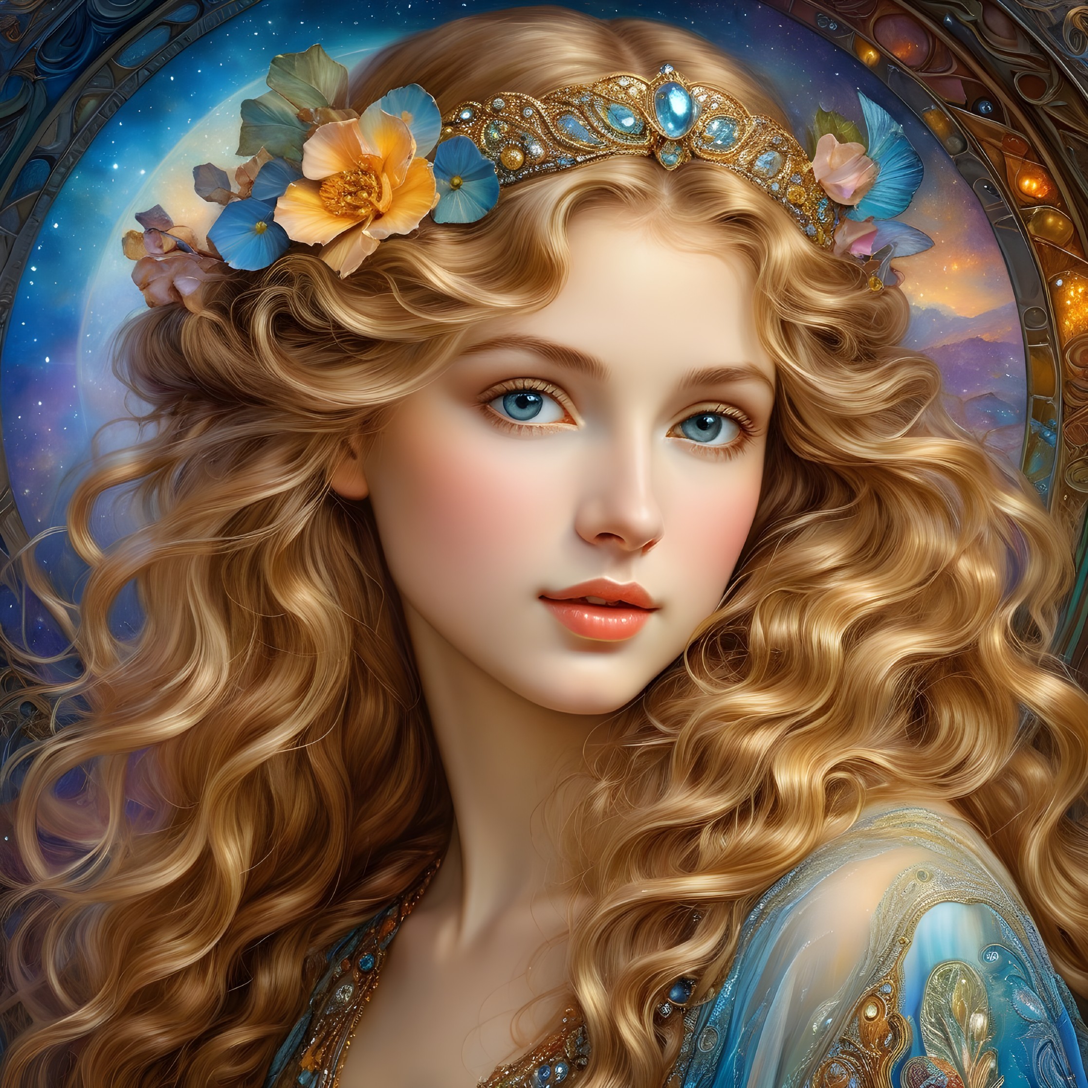 Young woman with golden hair and floral crown