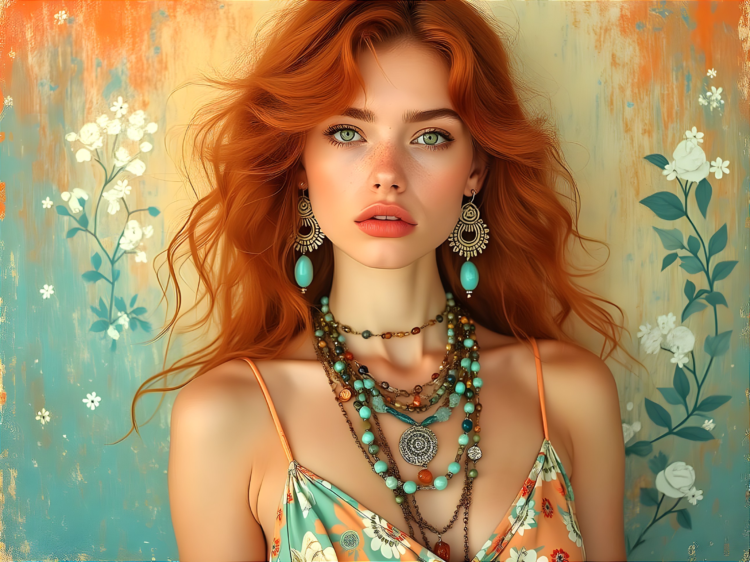Young woman with red hair and green eyes in floral dress
