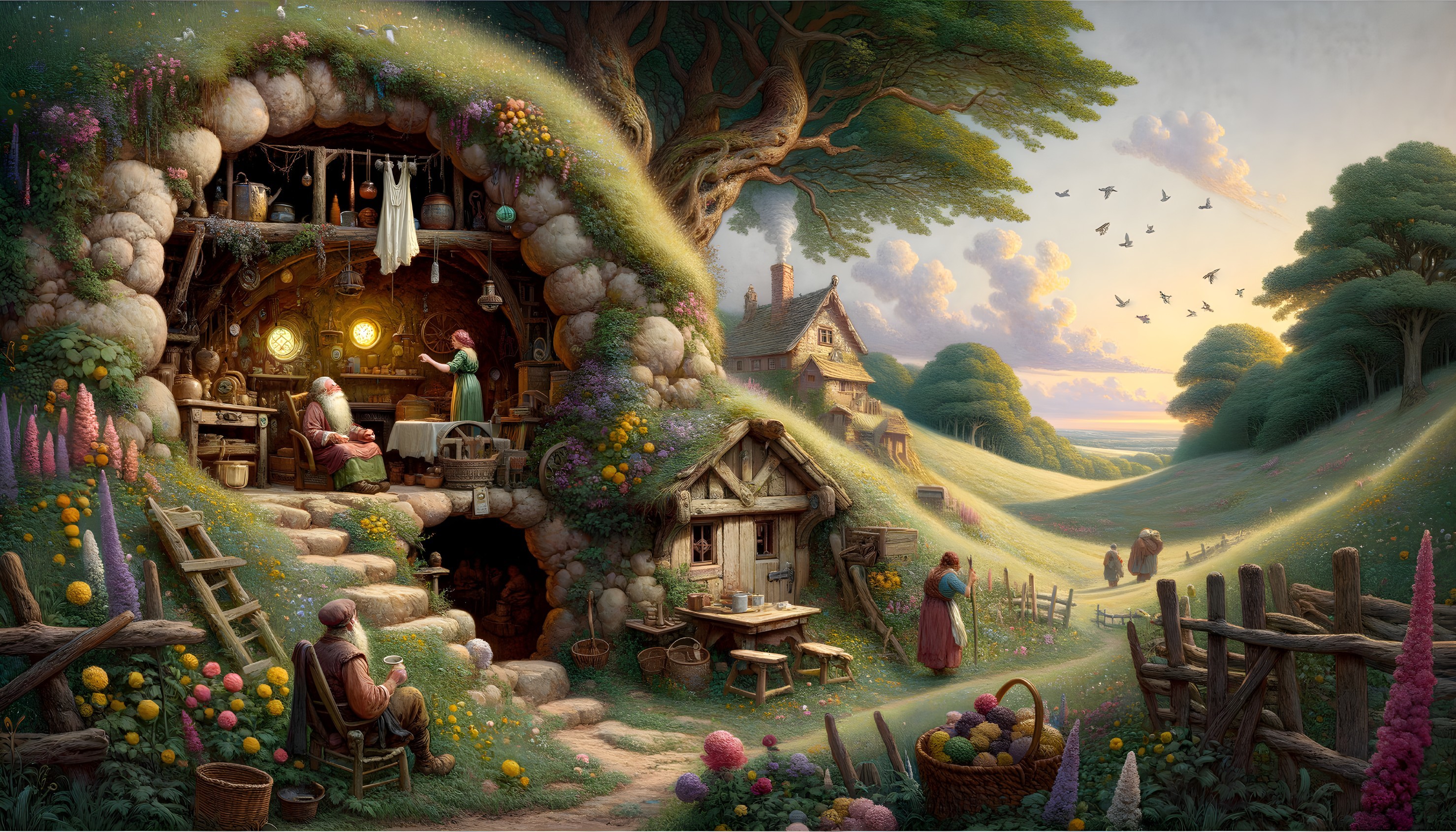 Cozy Rustic Village Scene with Hobbit House and Gardens