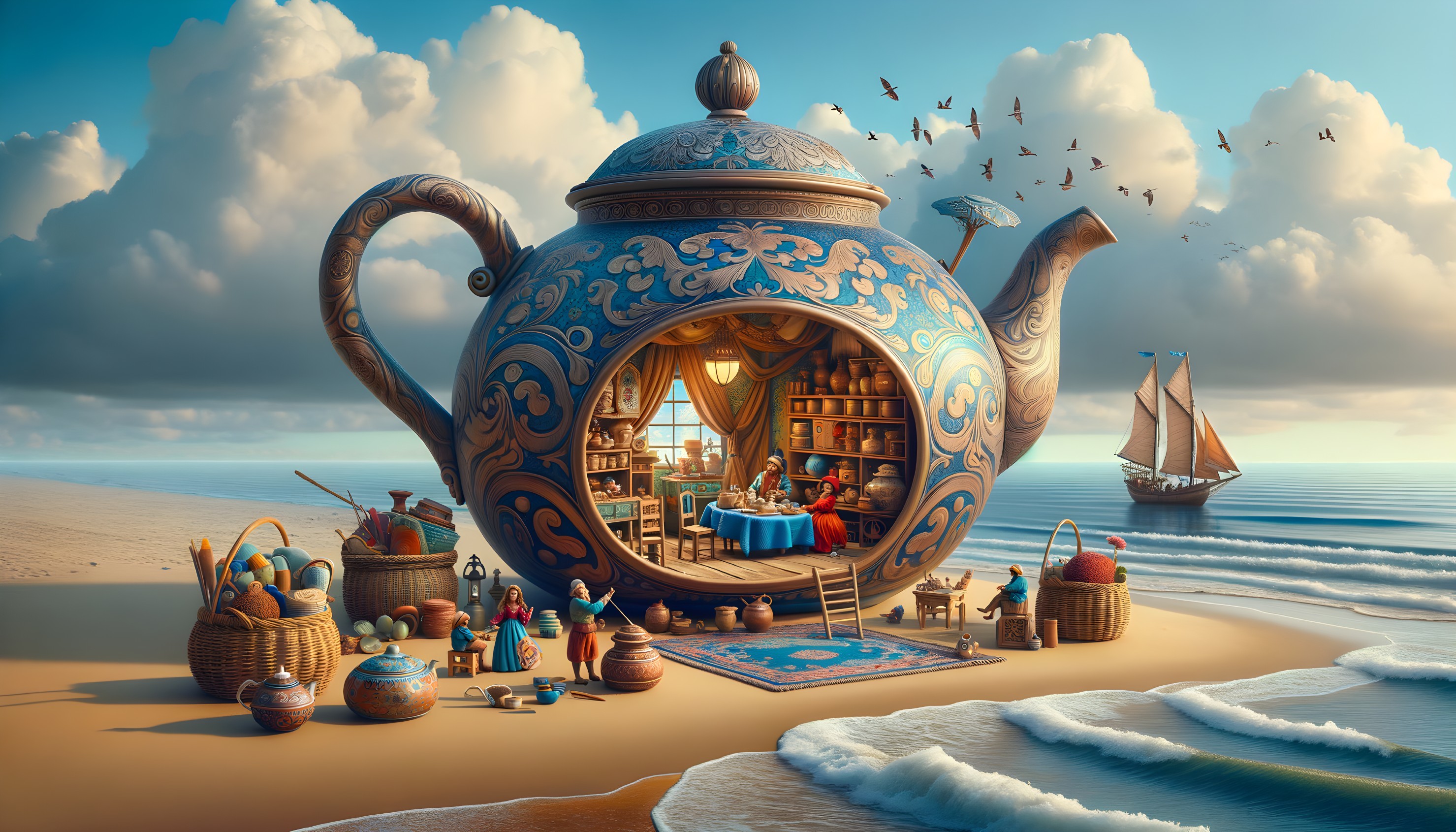 Giant Teapot Home on a Sandy Beach with Whimsical Details