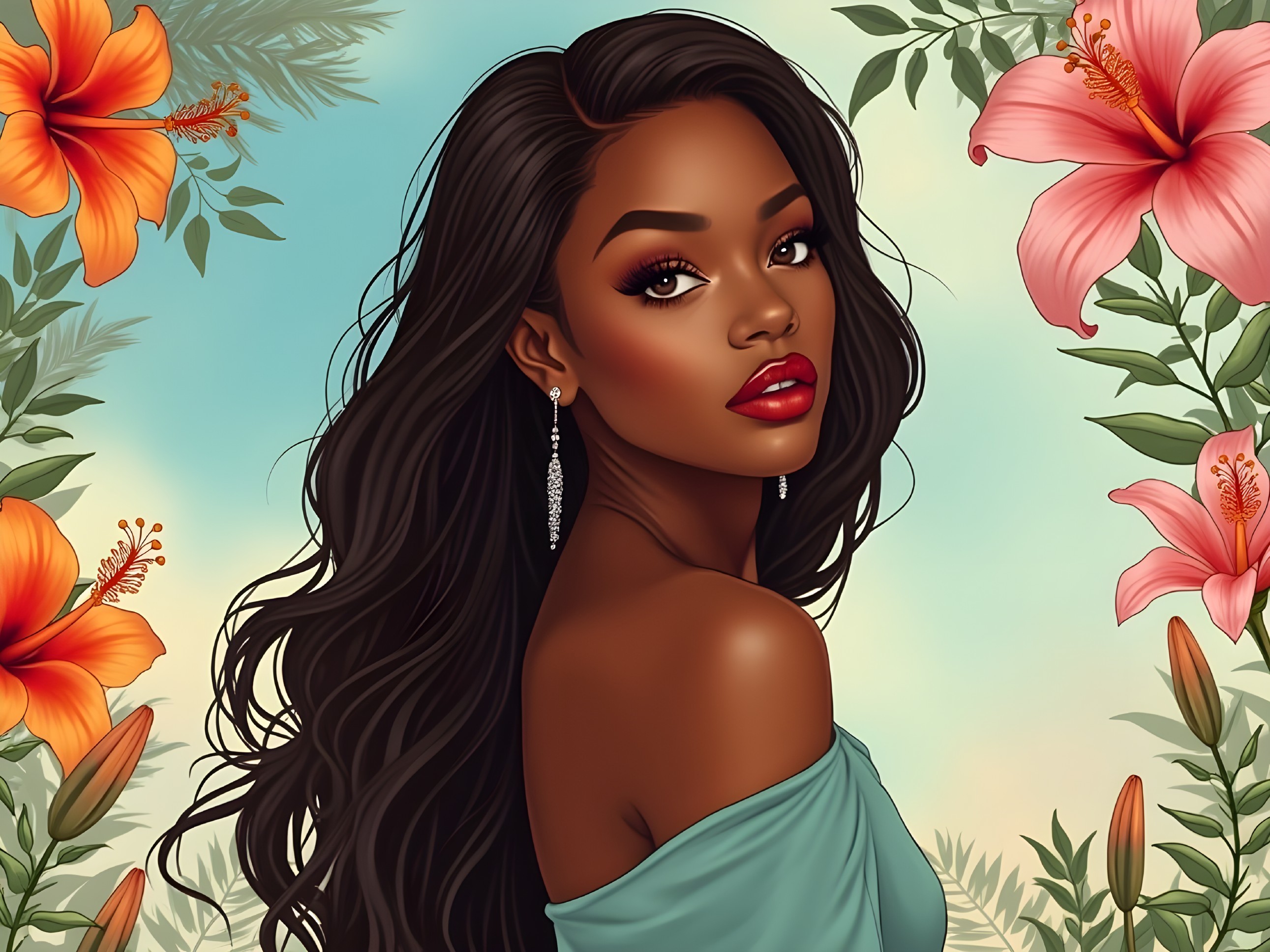 Portrait of a Woman with Tropical Floral Background