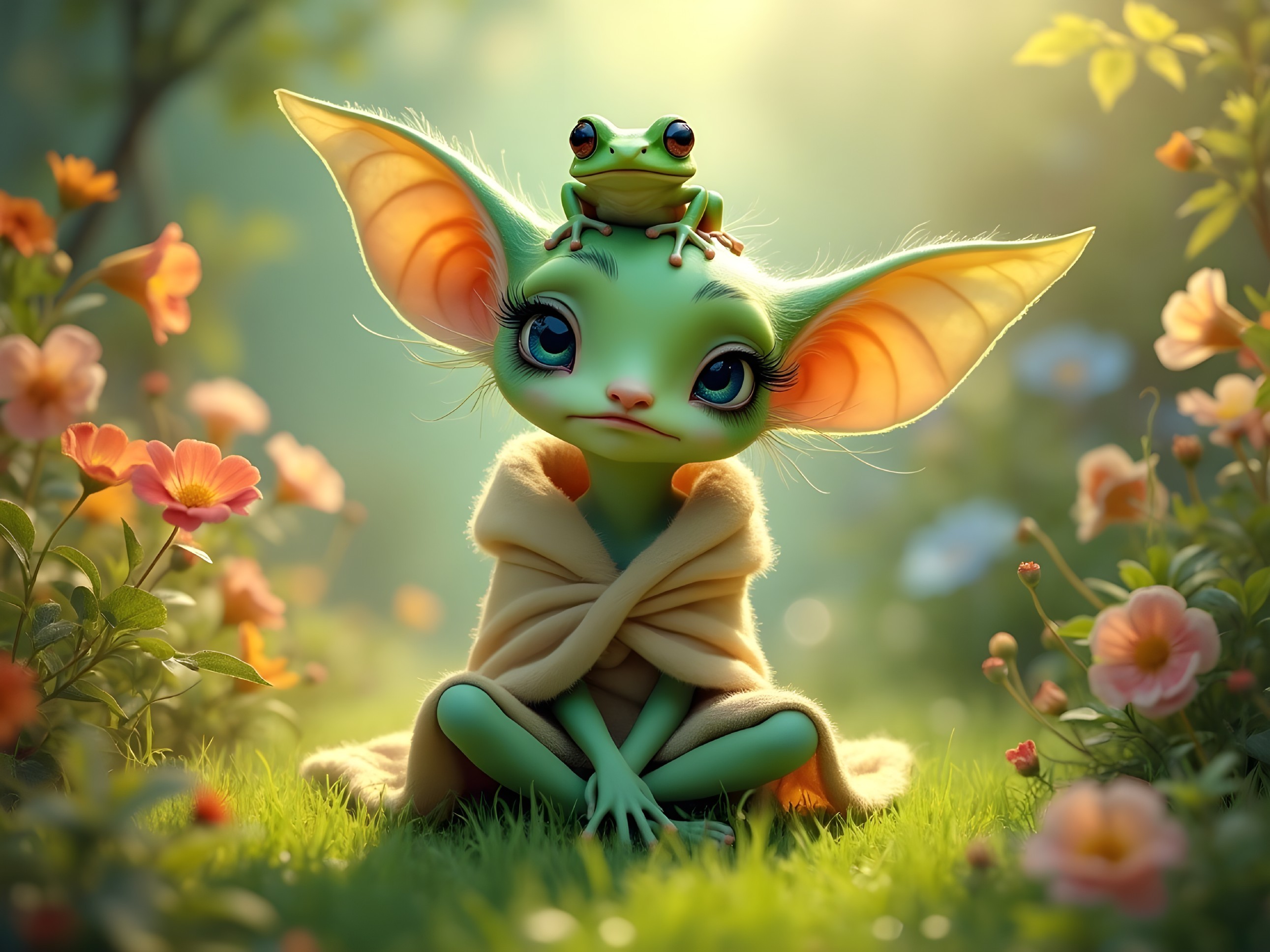 Cartoon Character in Sunlit Meadow with Frog