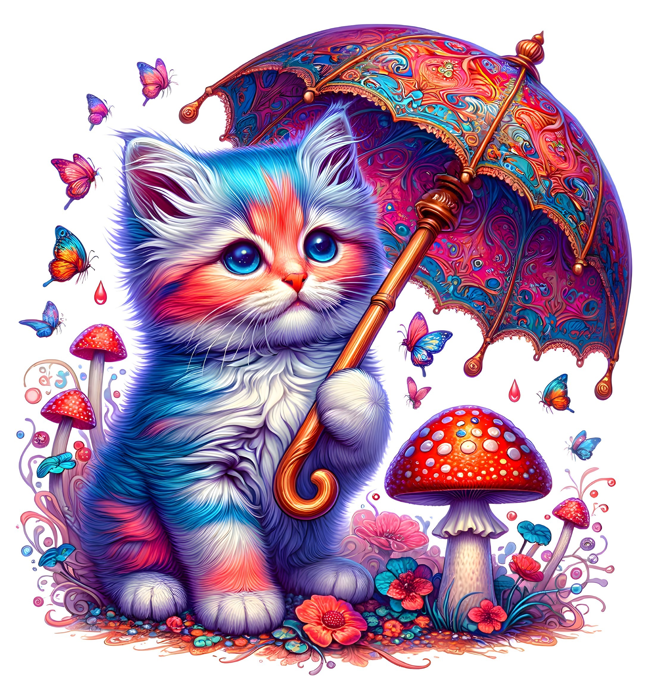 Colorful Kitten with Umbrella and Whimsical Surroundings