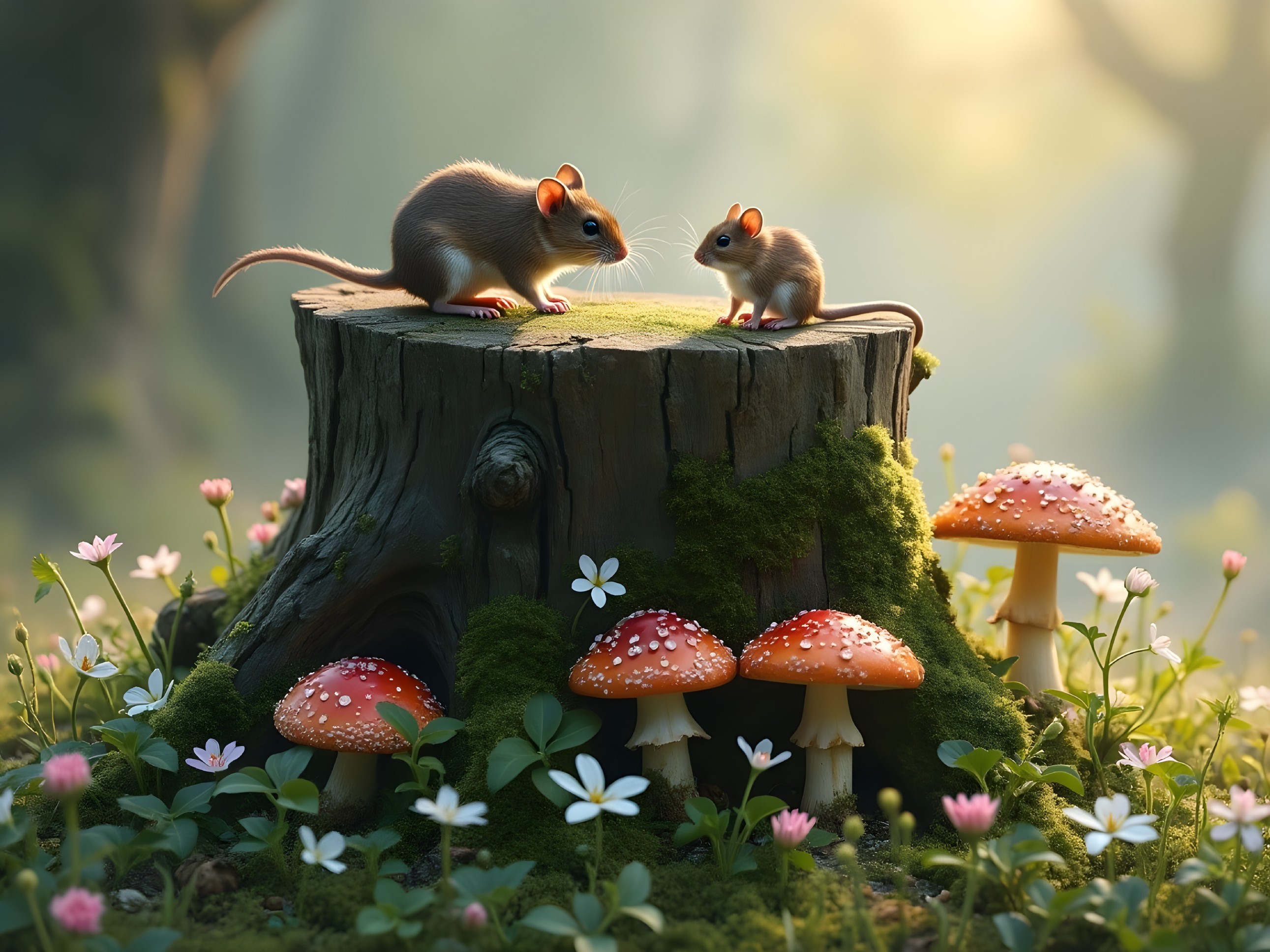 Forest Scene with Mice on Mossy Stump and Mushrooms