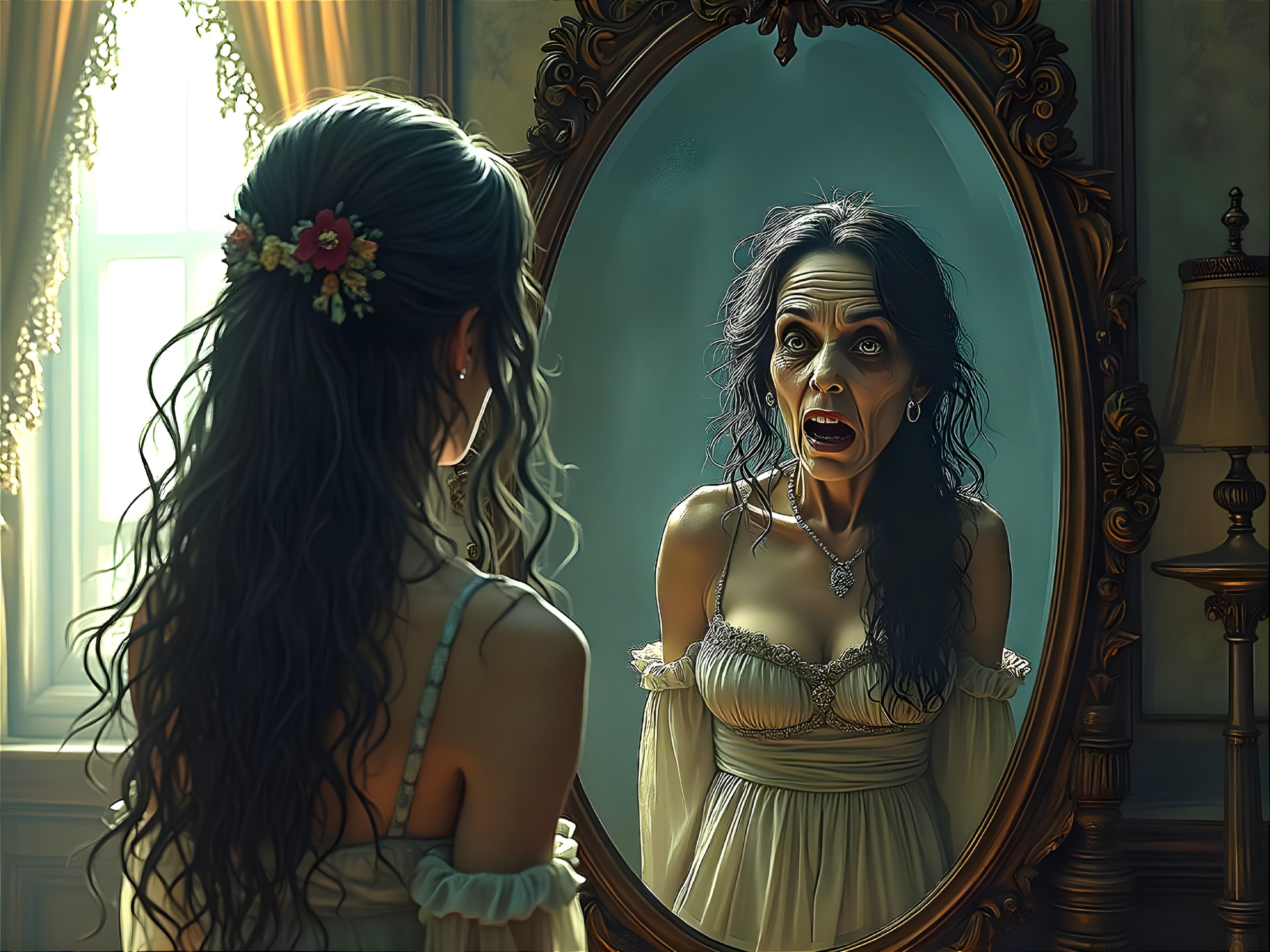 Young woman in shock before ornate mirror reflection