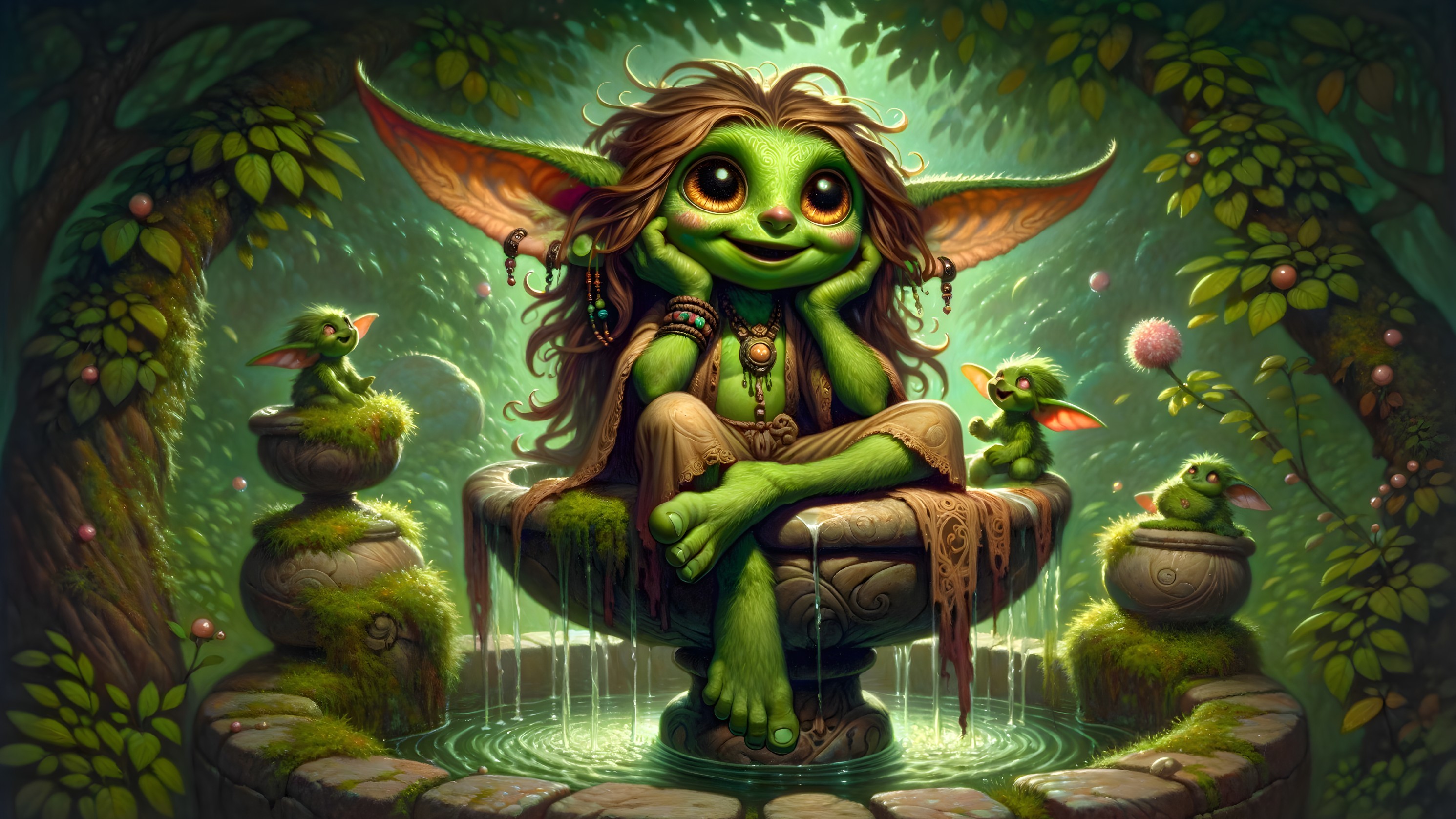 Whimsical Scene in an Enchanted Forest with Creatures