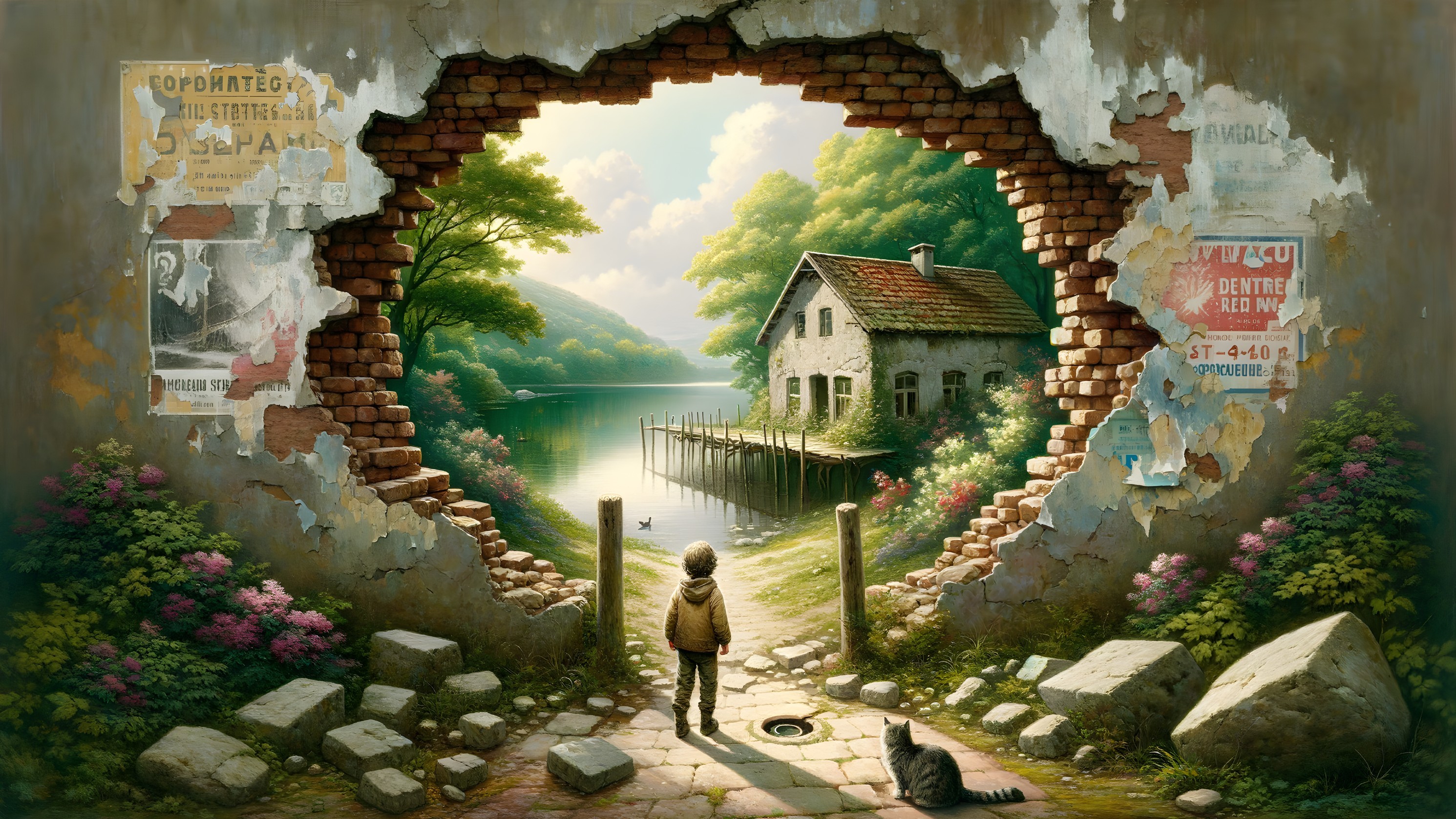 Child at Broken Wall Overlooking Serene Lake Scene