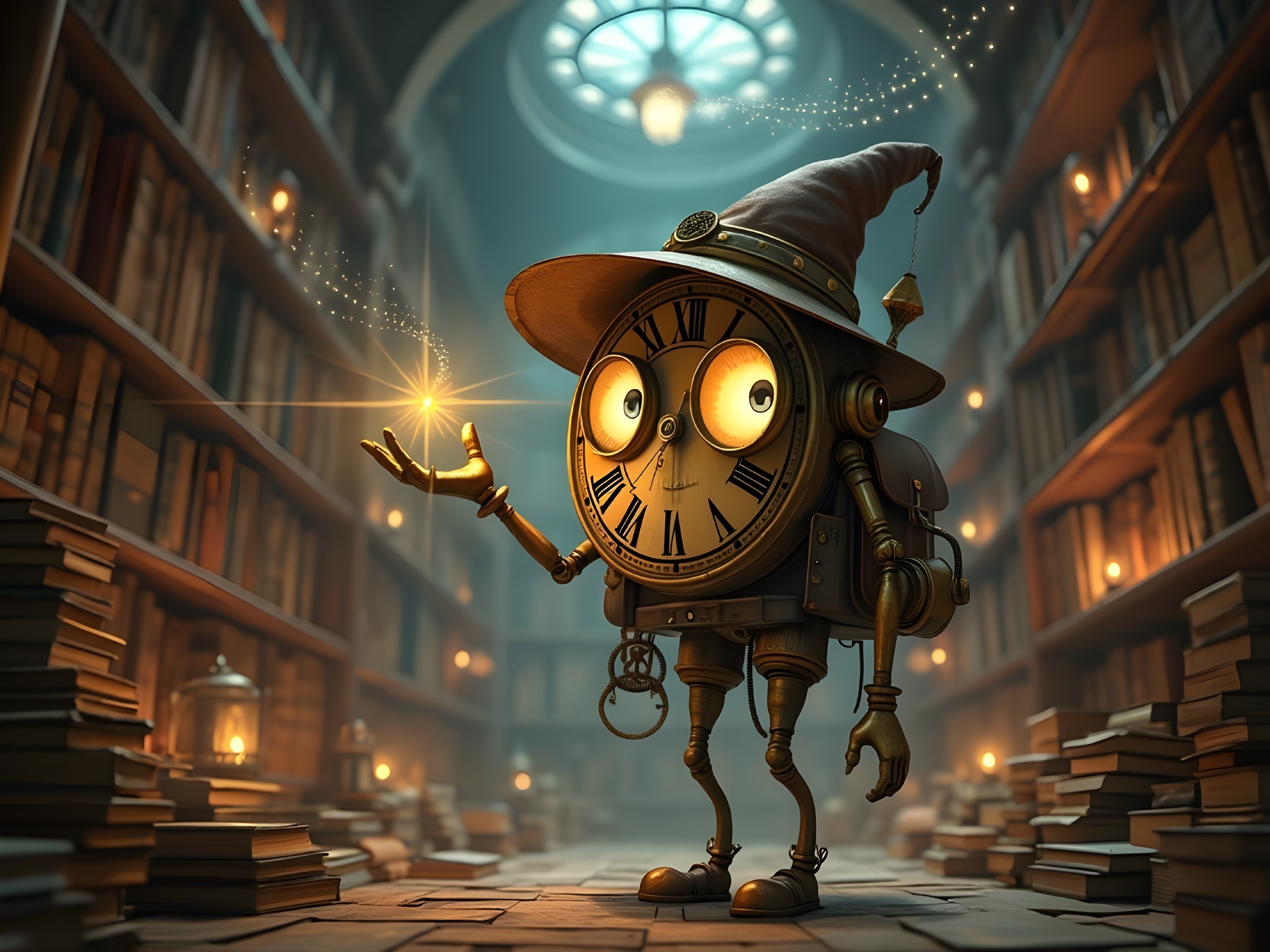 Whimsical Library with Charming Robotic Clock