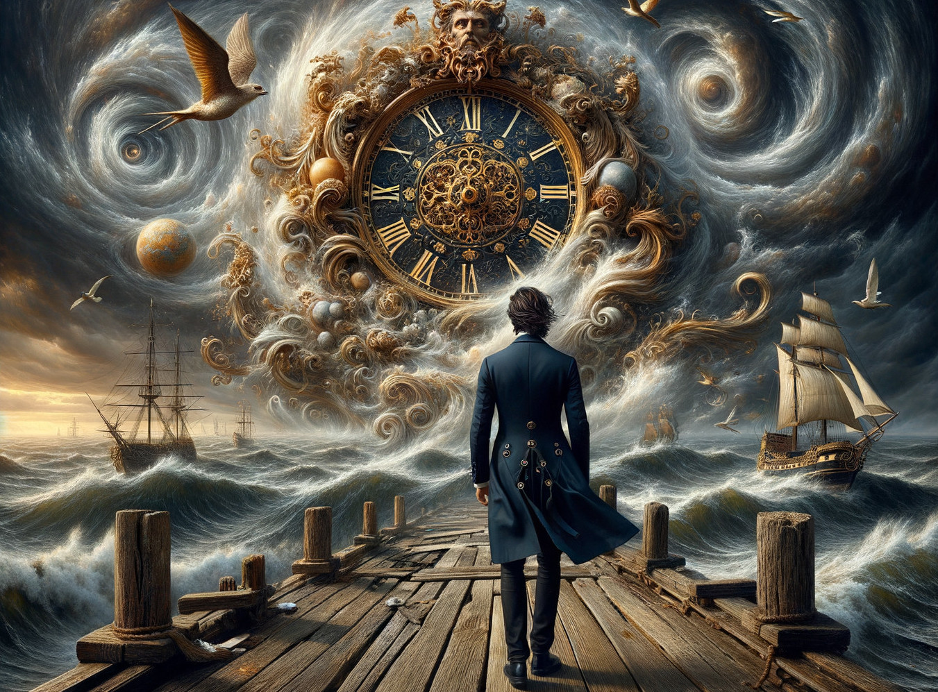 Surreal Scene of a Figure on a Pier with Clock and Ocean