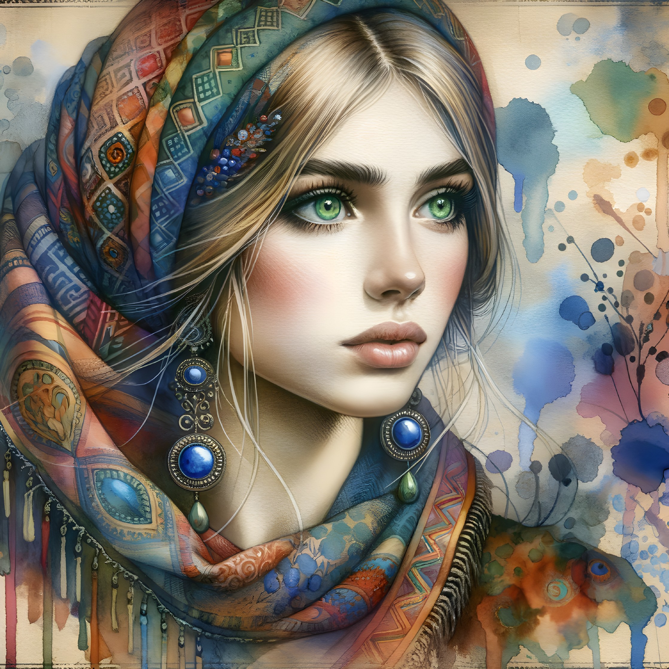 Portrait of a Young Woman with Green Eyes and Scarf