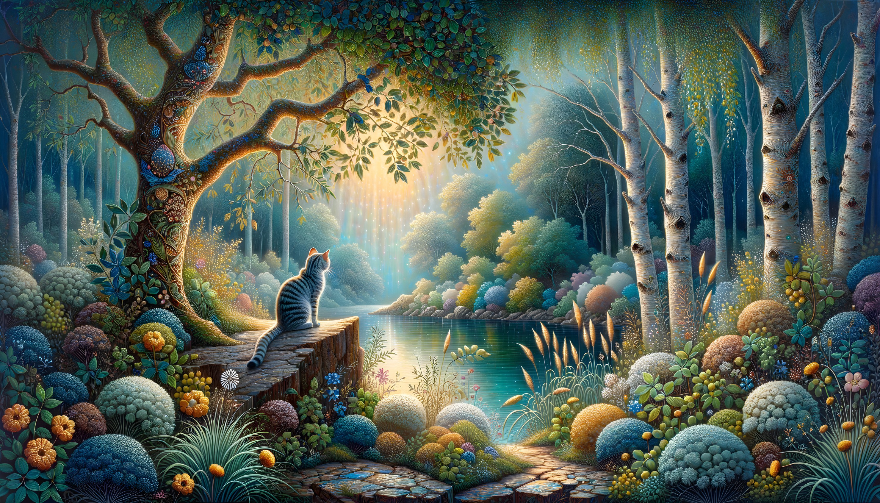 Striped Cat by Tranquil Lake in Serene Forest Setting